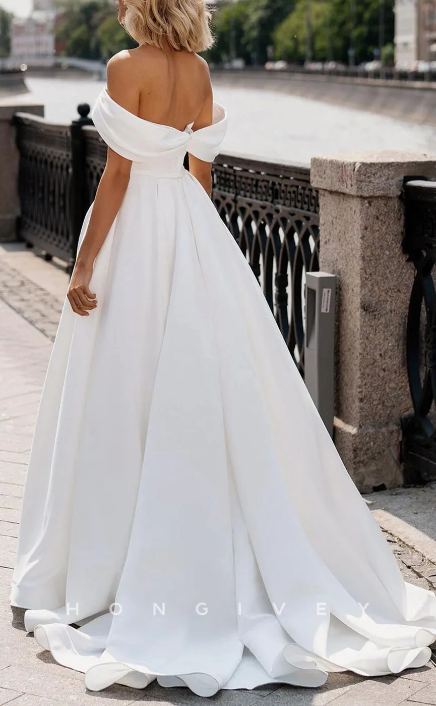 H1272 - Sexy Satin A-Line Off-Shoulder Sleeveless Empire Bowknot With Train Wedding Dress