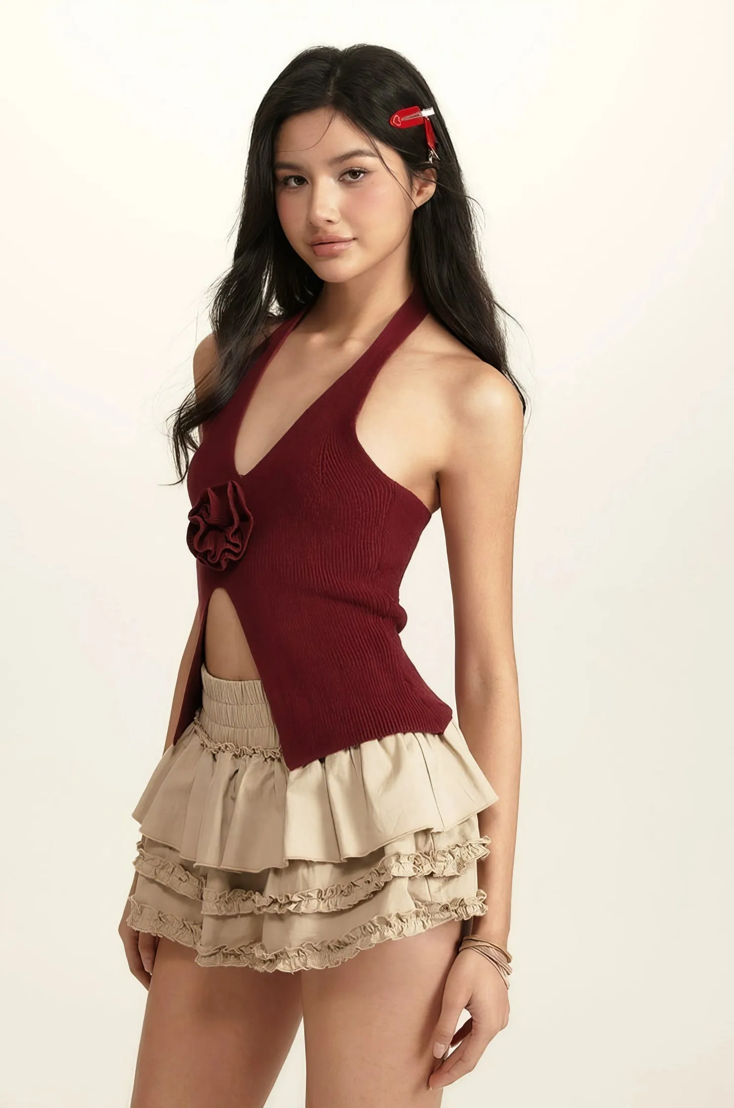 Halter Ribbed Cutout Top with Rose Applique Detail