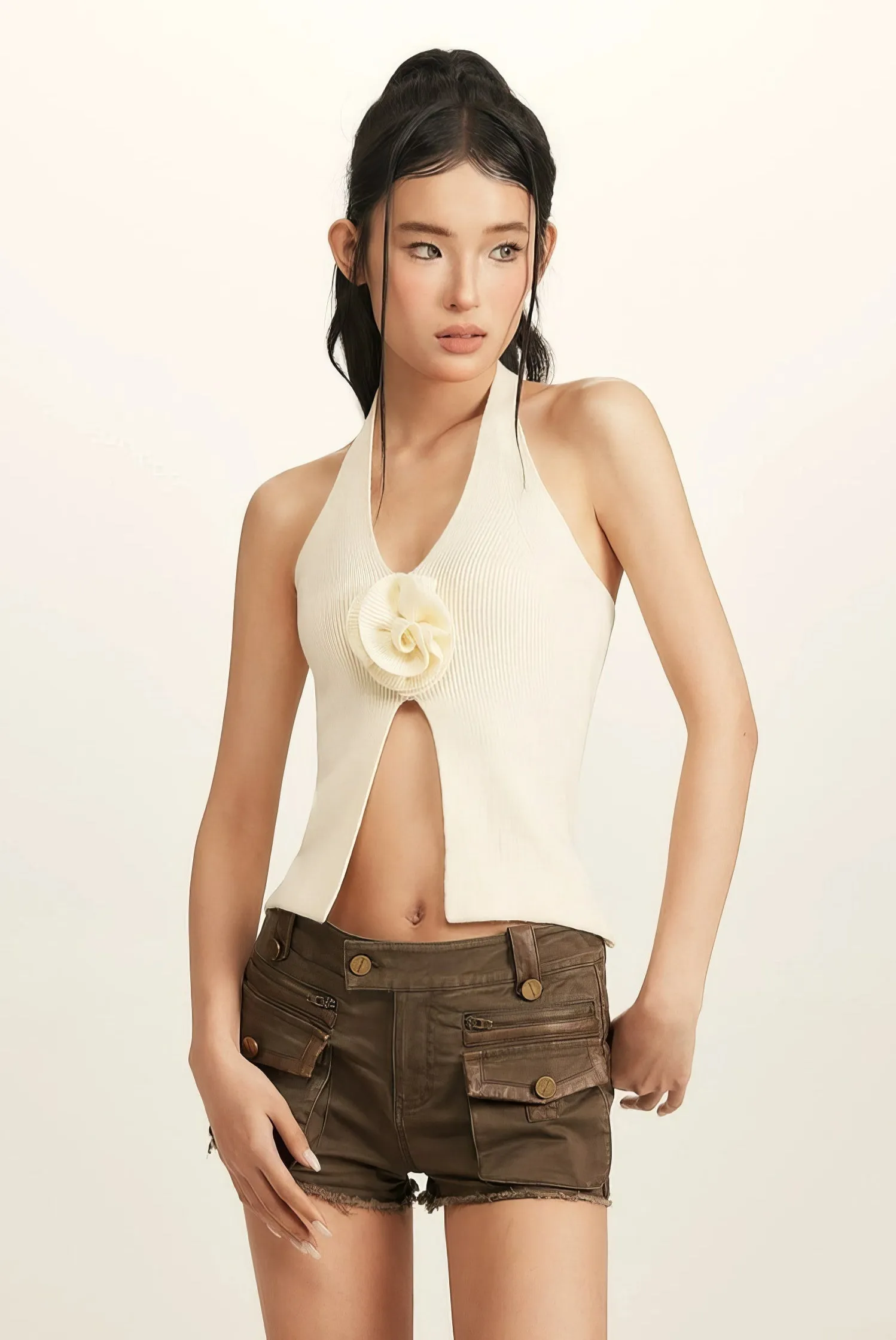 Halter Ribbed Cutout Top with Rose Applique Detail