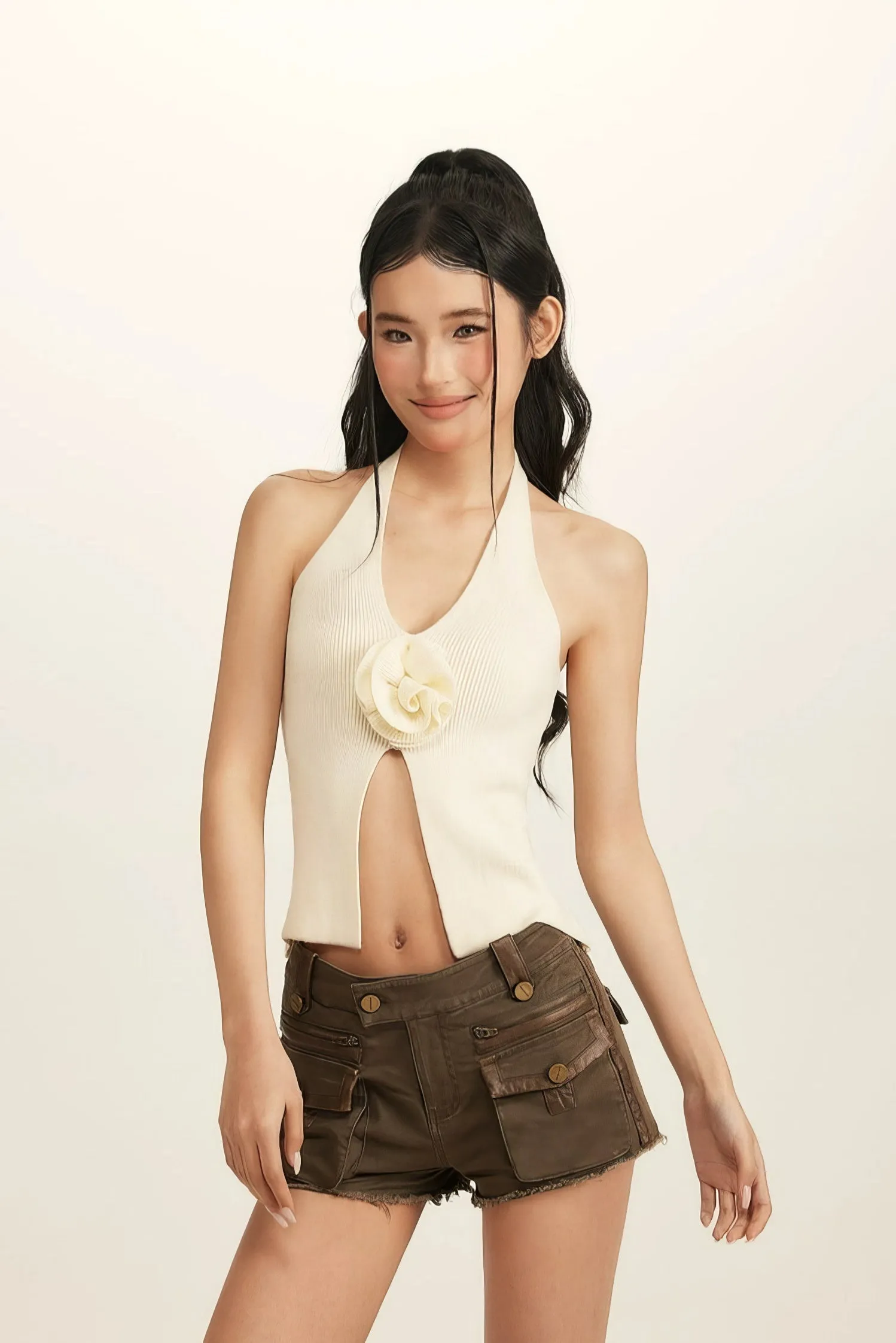 Halter Ribbed Cutout Top with Rose Applique Detail