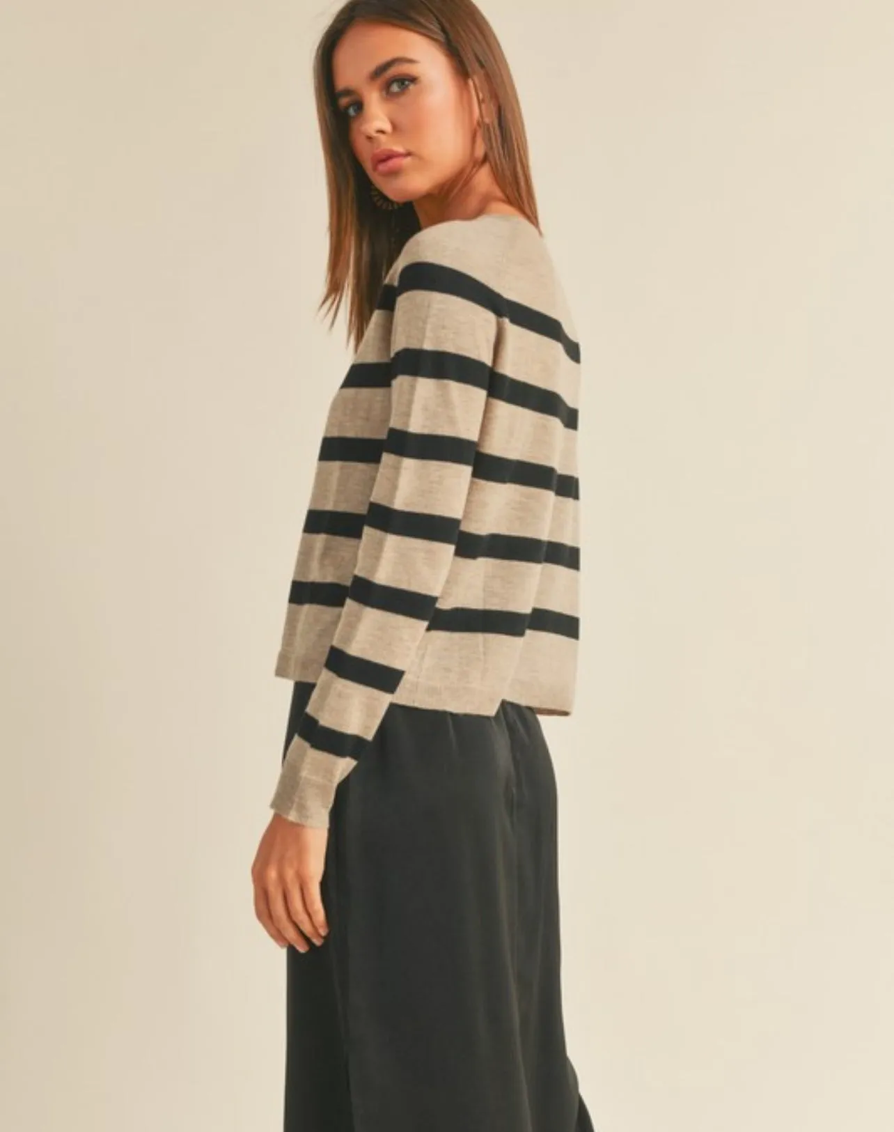 Hazel Striped Round Neck Basic Body Sweater Top