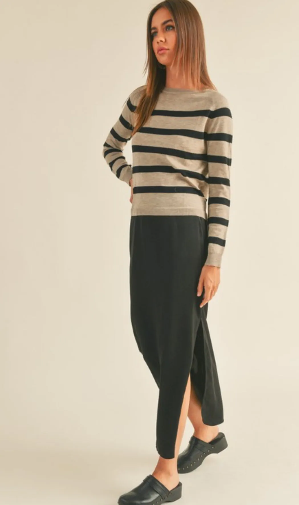 Hazel Striped Round Neck Basic Body Sweater Top