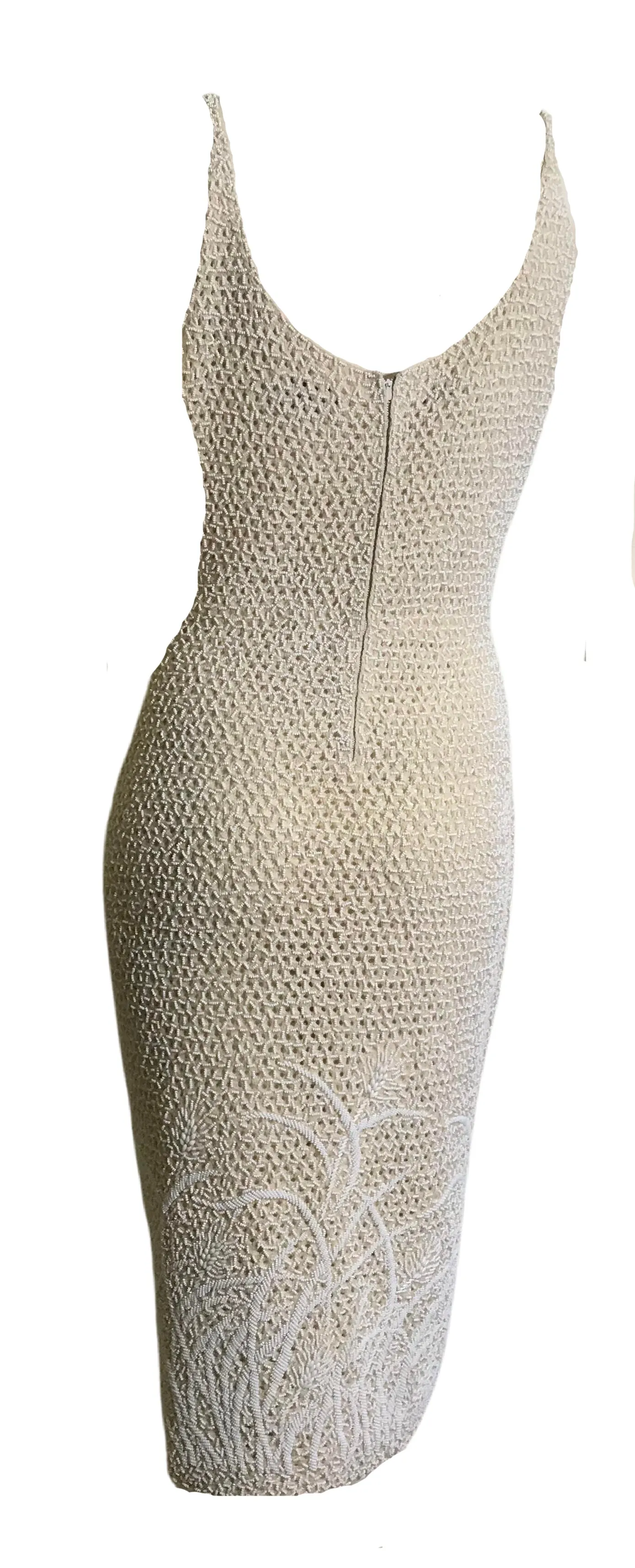 Heron White Art Nouveau Design Glass Beaded Wool Cocktail Dress circa 1960s