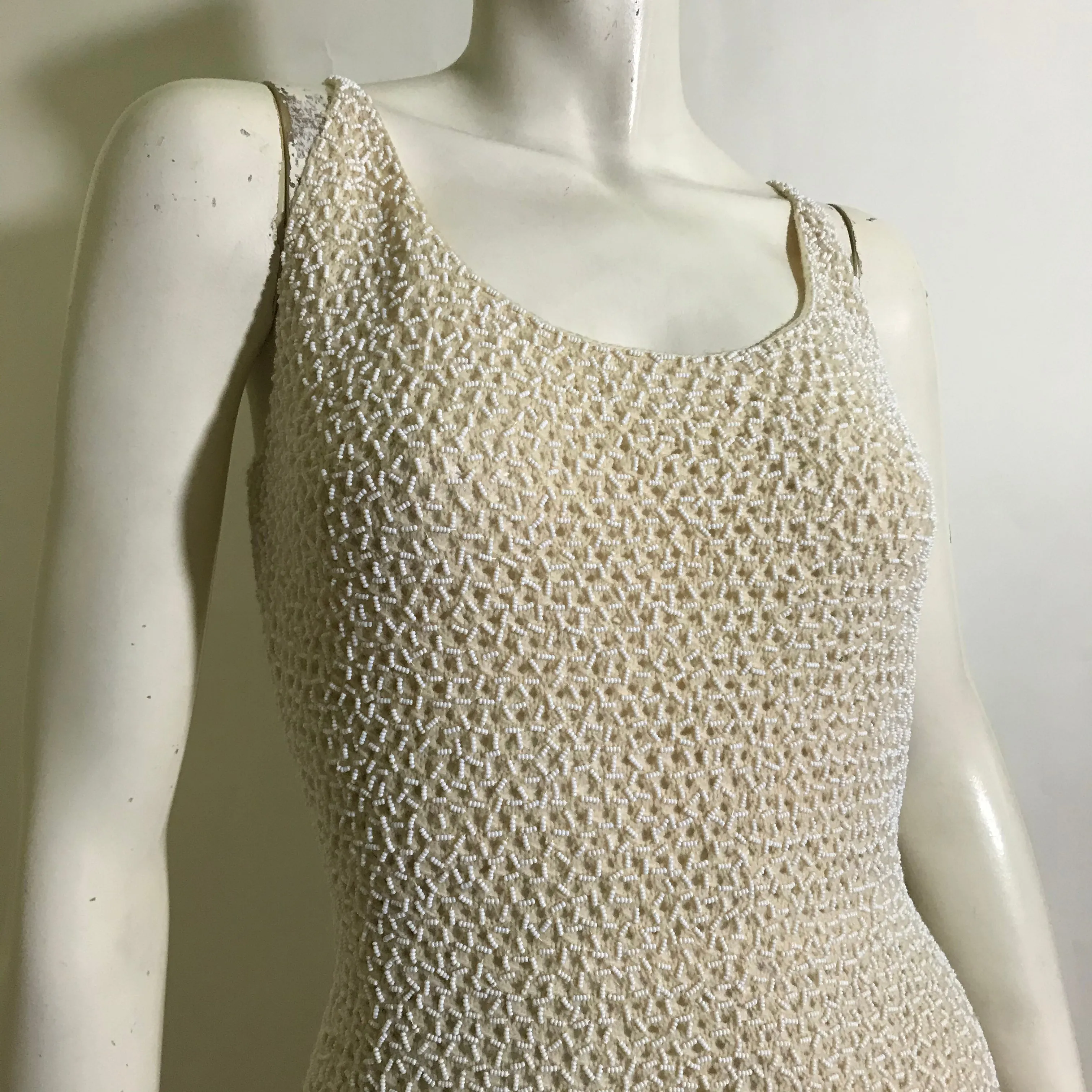 Heron White Art Nouveau Design Glass Beaded Wool Cocktail Dress circa 1960s