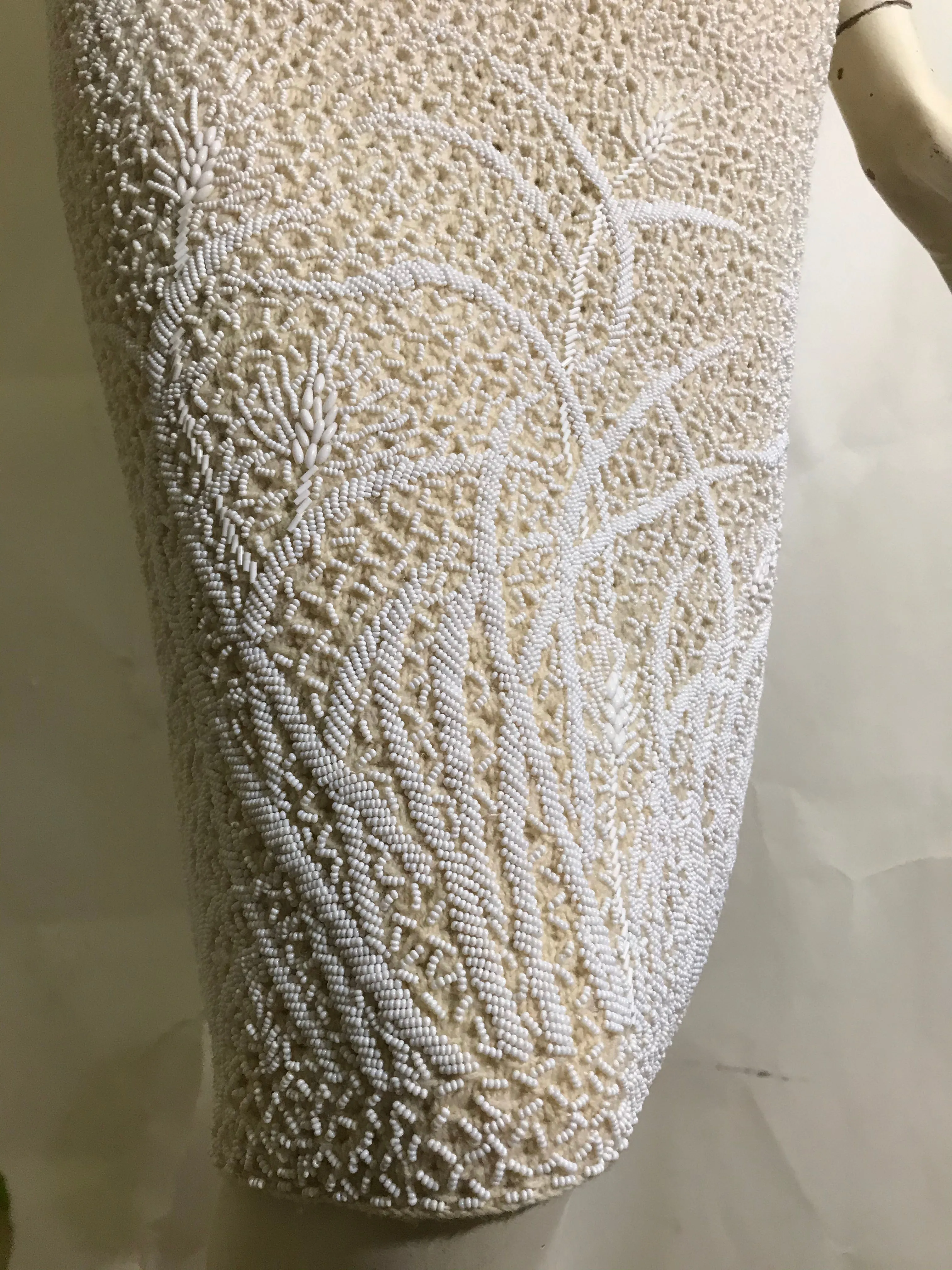 Heron White Art Nouveau Design Glass Beaded Wool Cocktail Dress circa 1960s