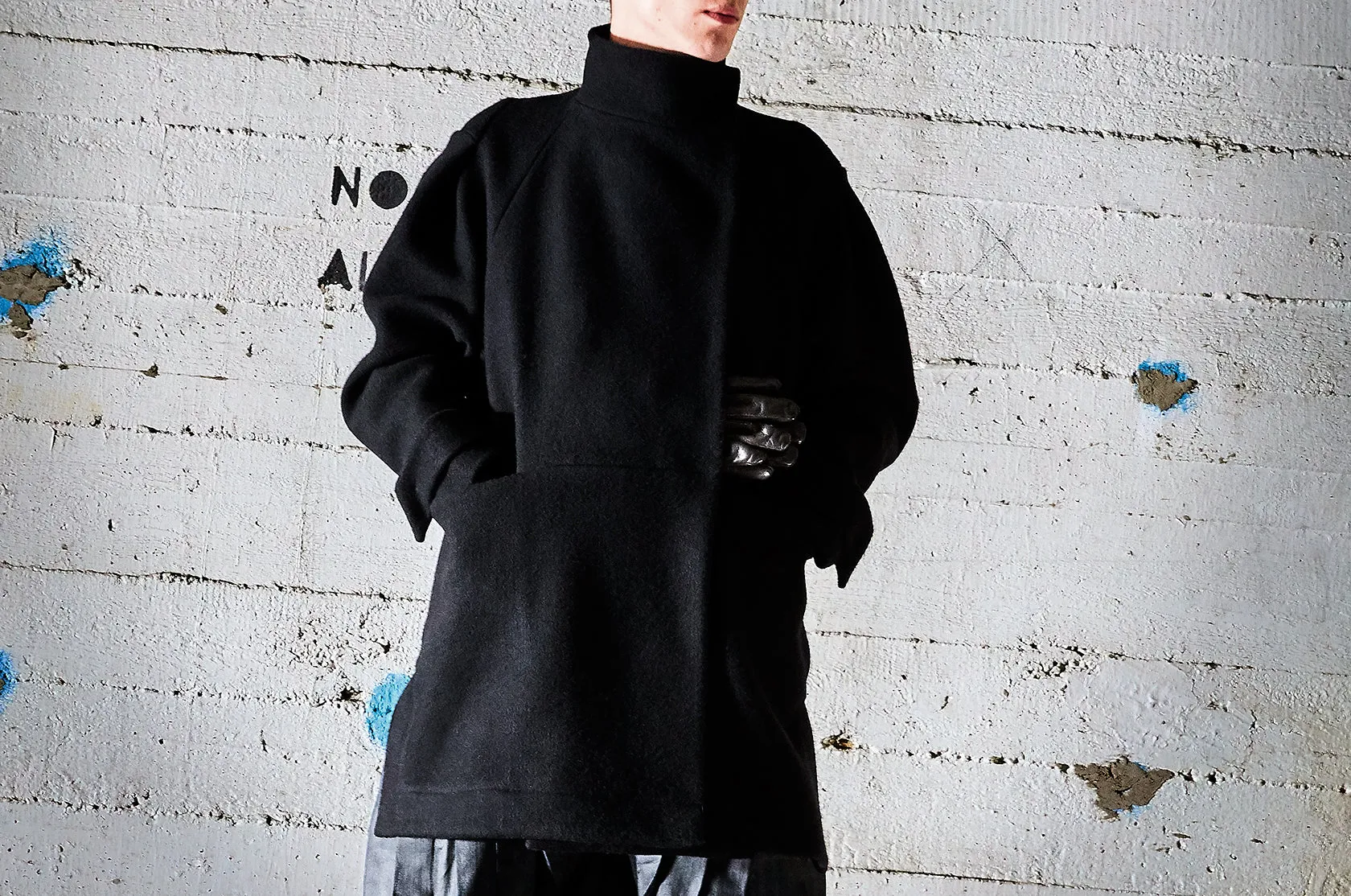 High Collar Origami Wool Coat For men/ Black