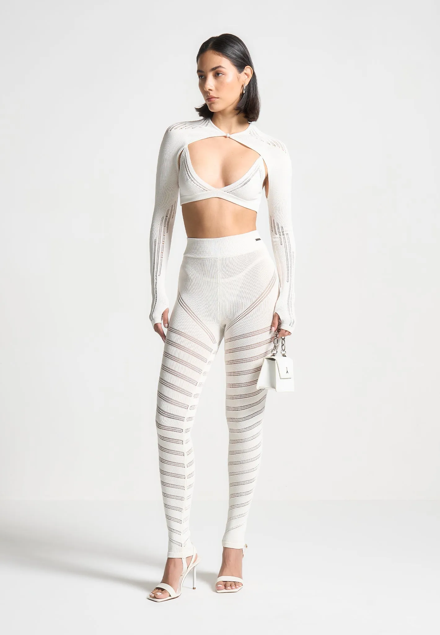 High Waisted Knitted Spiral Contour Leggings - White