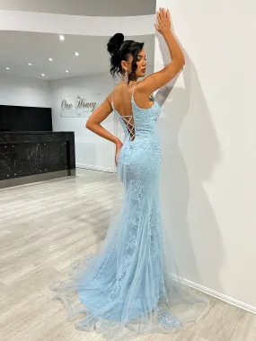 Honey Couture MILA Blue Lace Sequin Fishtail Mermaid Formal Dress