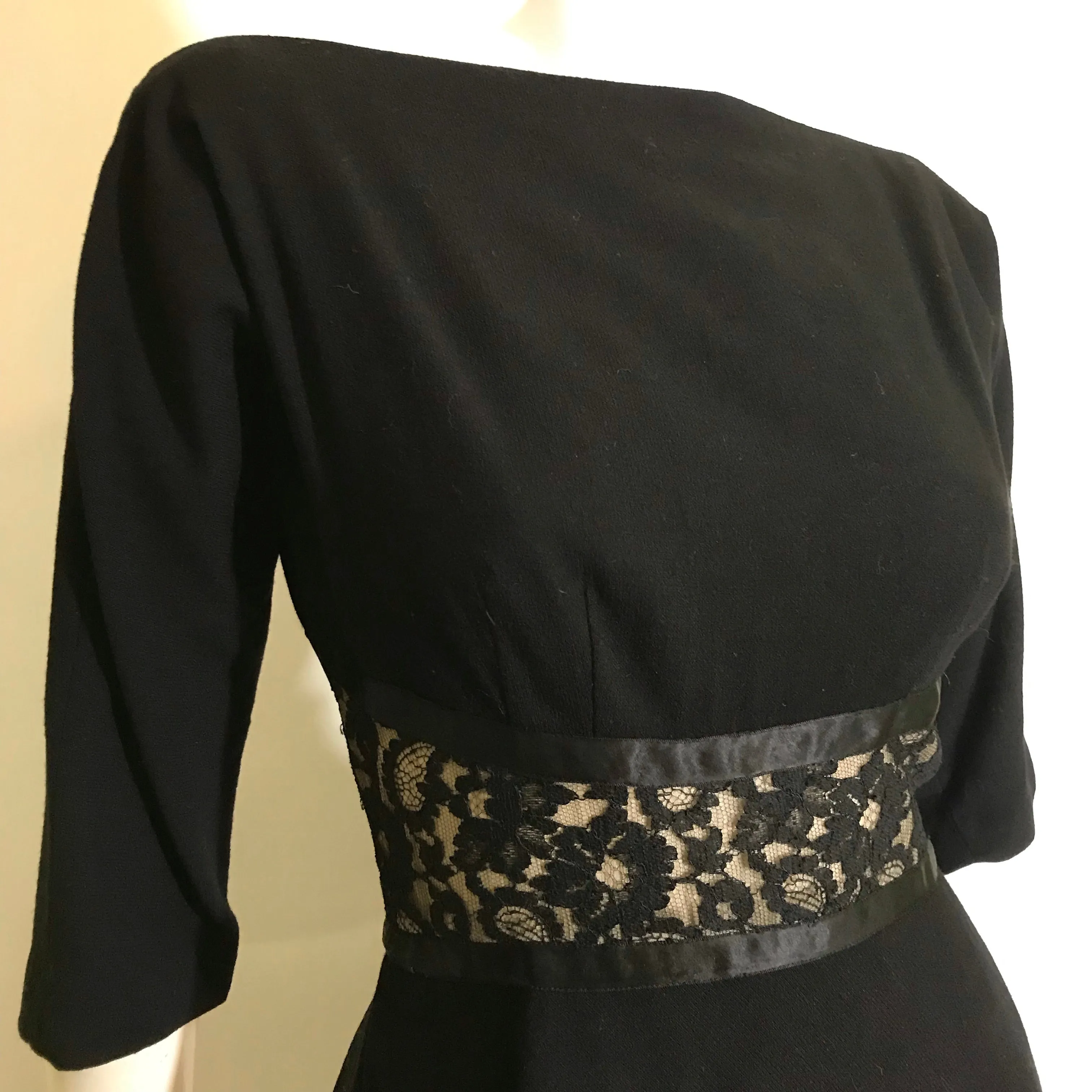 Illusion Lace Waist Black Wool Cocktail Dress circa 1960s