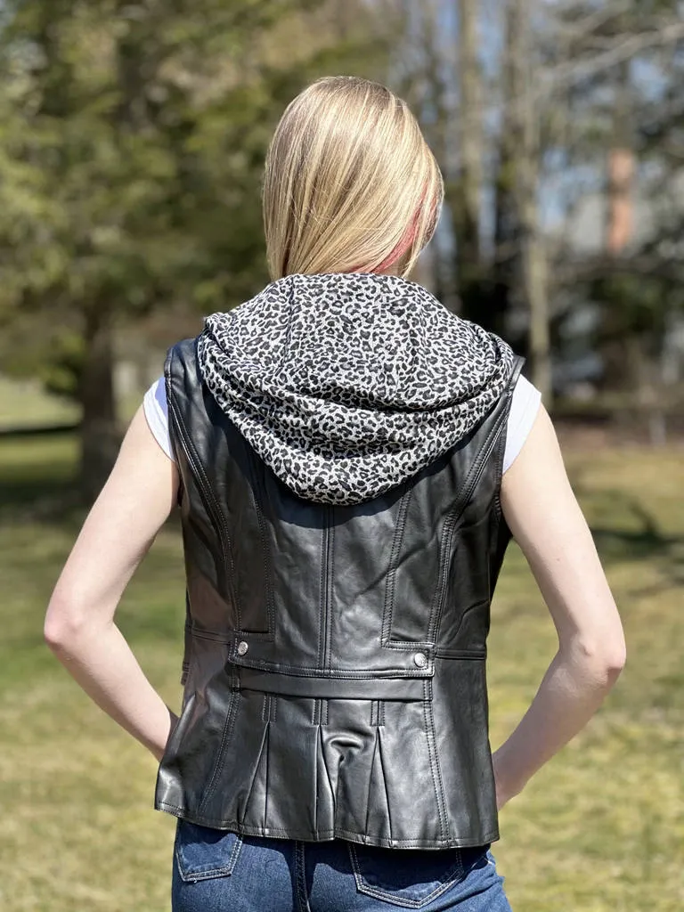 Ladies Faux Leather Vest with Printed Hood (BF2111V)