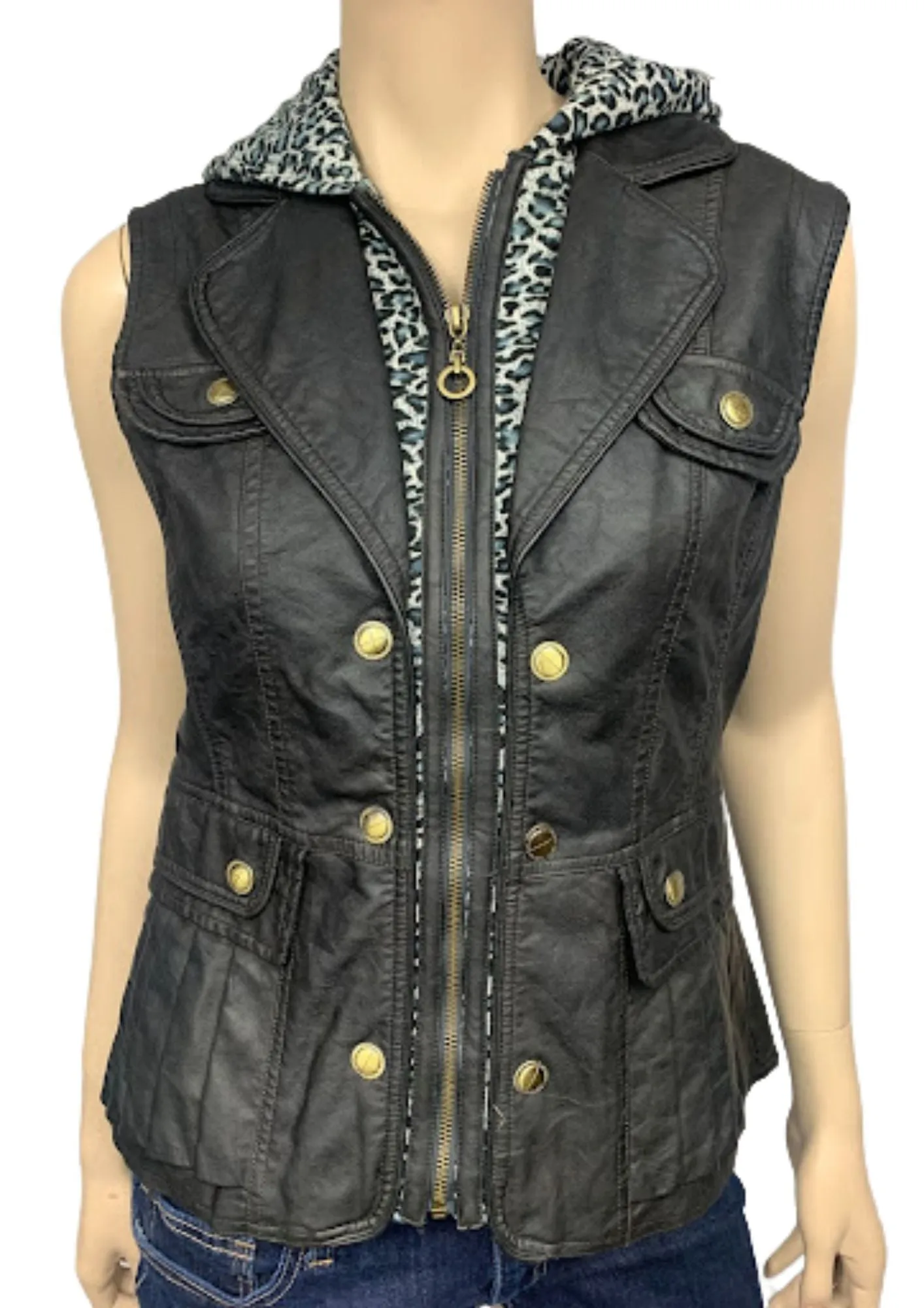 Ladies Faux Leather Vest with Printed Hood (BF2111V)