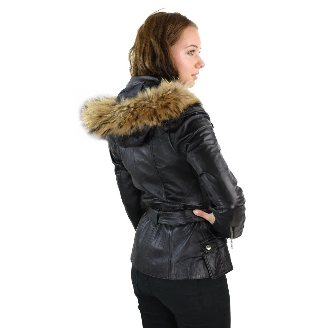 Ladies Tan Brown HOODED Parka Real Leather Jacket Winter Coat