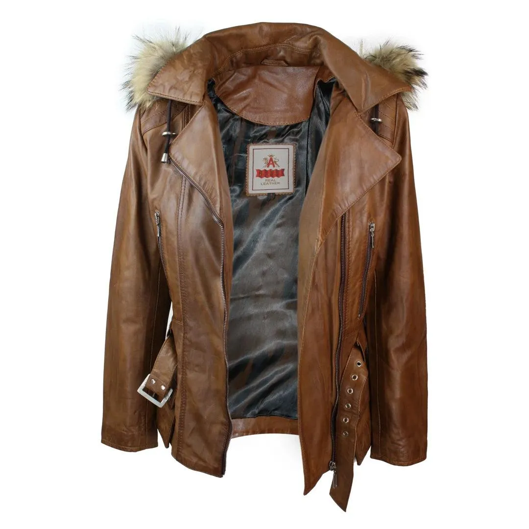 Ladies Tan Brown HOODED Parka Real Leather Jacket Winter Coat