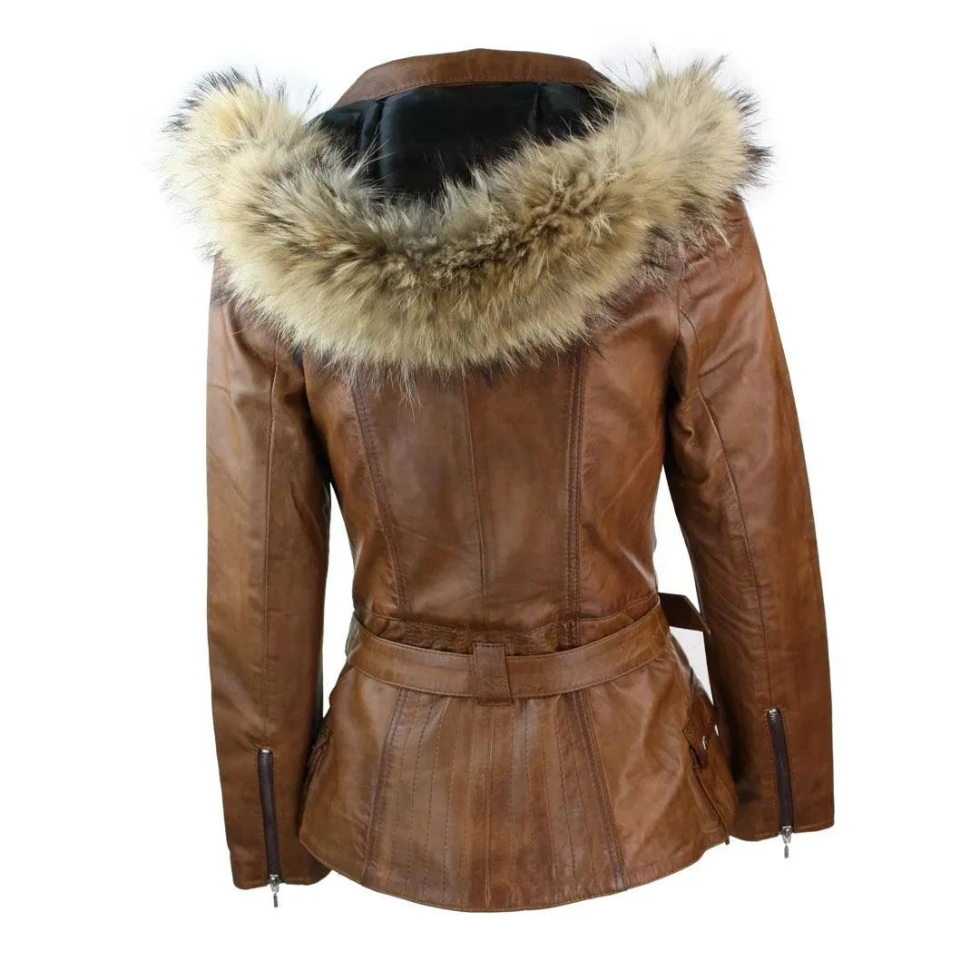 Ladies Tan Brown HOODED Parka Real Leather Jacket Winter Coat