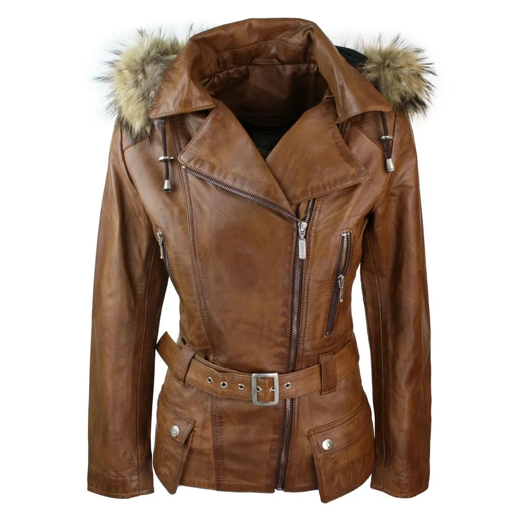 Ladies Tan Brown HOODED Parka Real Leather Jacket Winter Coat