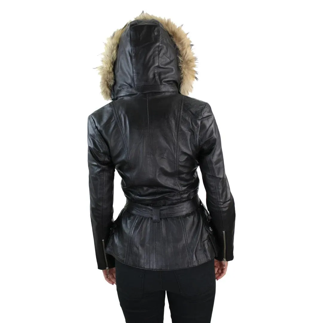 Ladies Tan Brown HOODED Parka Real Leather Jacket Winter Coat