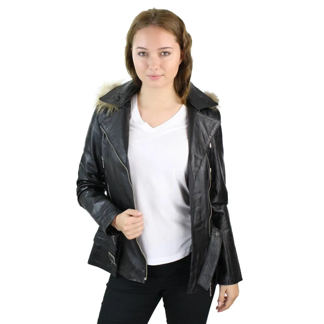 Ladies Tan Brown HOODED Parka Real Leather Jacket Winter Coat