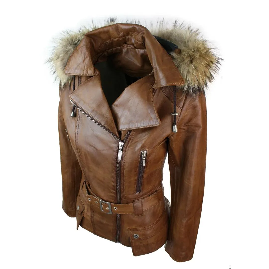 Ladies Tan Brown HOODED Parka Real Leather Jacket Winter Coat