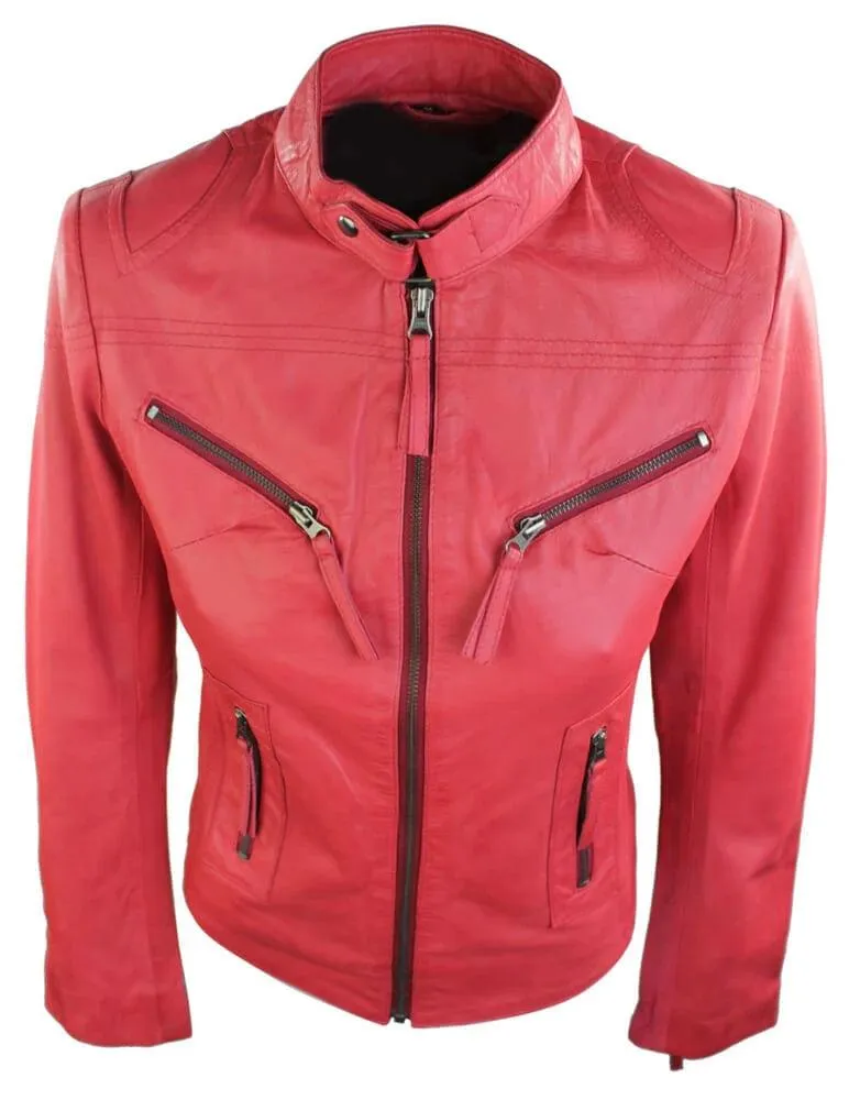 Ladies Womens Real Leather Vintage Slim Fit Biker Leather Jacket