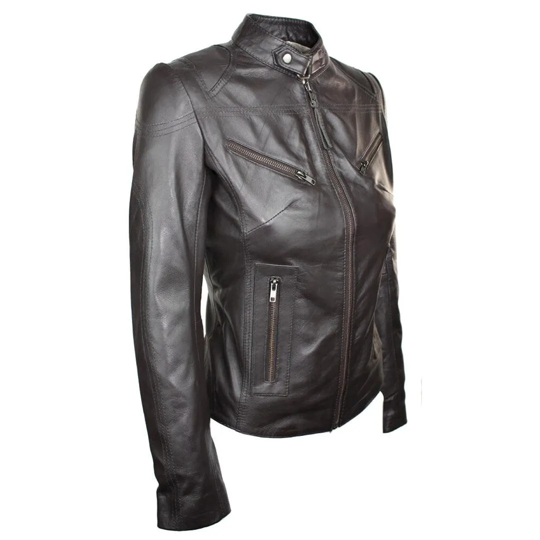 Ladies Womens Real Leather Vintage Slim Fit Biker Leather Jacket