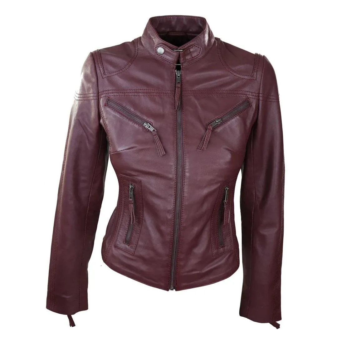 Ladies Womens Real Leather Vintage Slim Fit Biker Leather Jacket