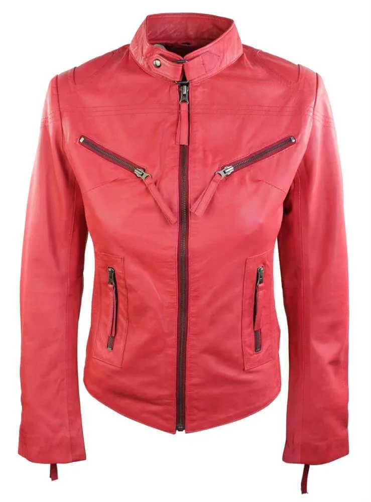 Ladies Womens Real Leather Vintage Slim Fit Biker Leather Jacket