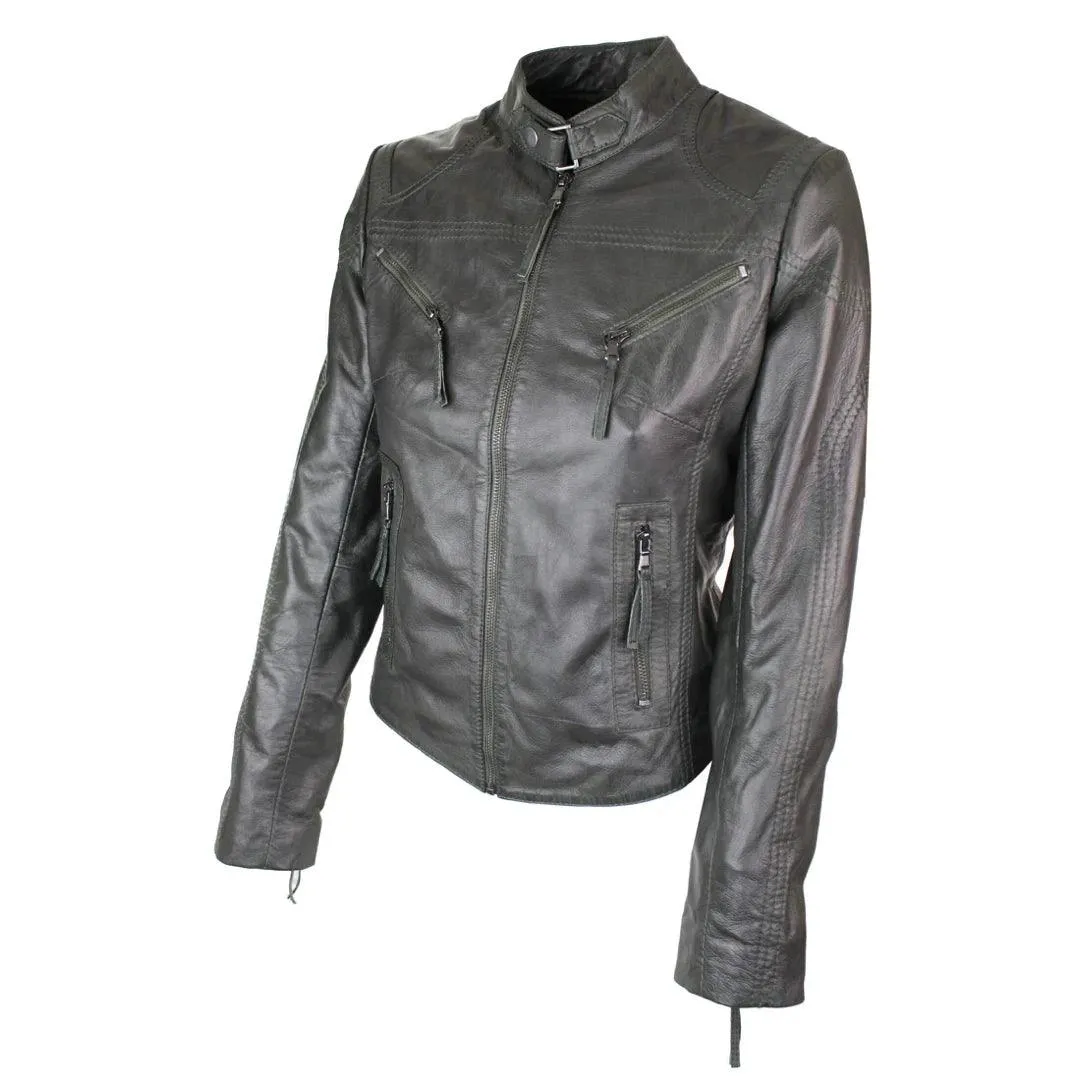 Ladies Womens Real Leather Vintage Slim Fit Biker Leather Jacket