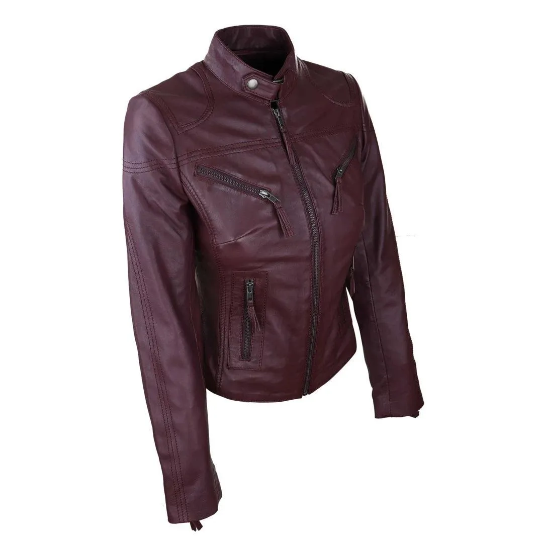 Ladies Womens Real Leather Vintage Slim Fit Biker Leather Jacket