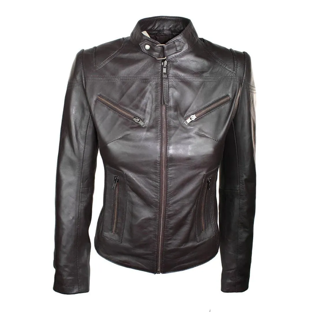 Ladies Womens Real Leather Vintage Slim Fit Biker Leather Jacket