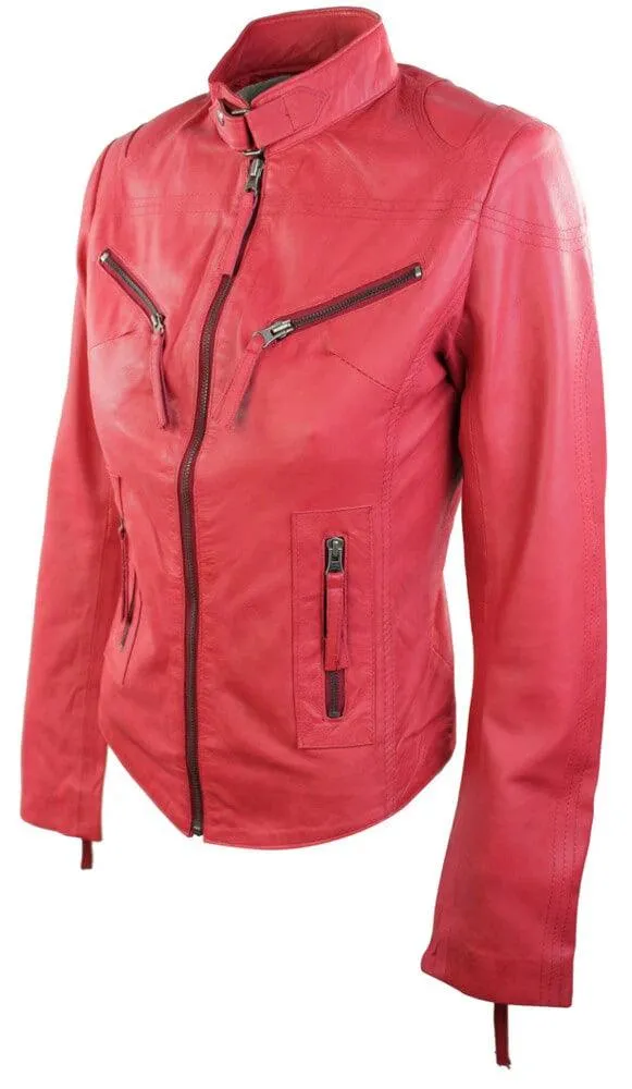 Ladies Womens Real Leather Vintage Slim Fit Biker Leather Jacket