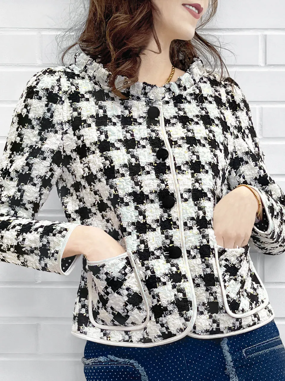 Last Chance! Houndstooth Ruffle Neckline Bouclè Tweed Woollen Jacket