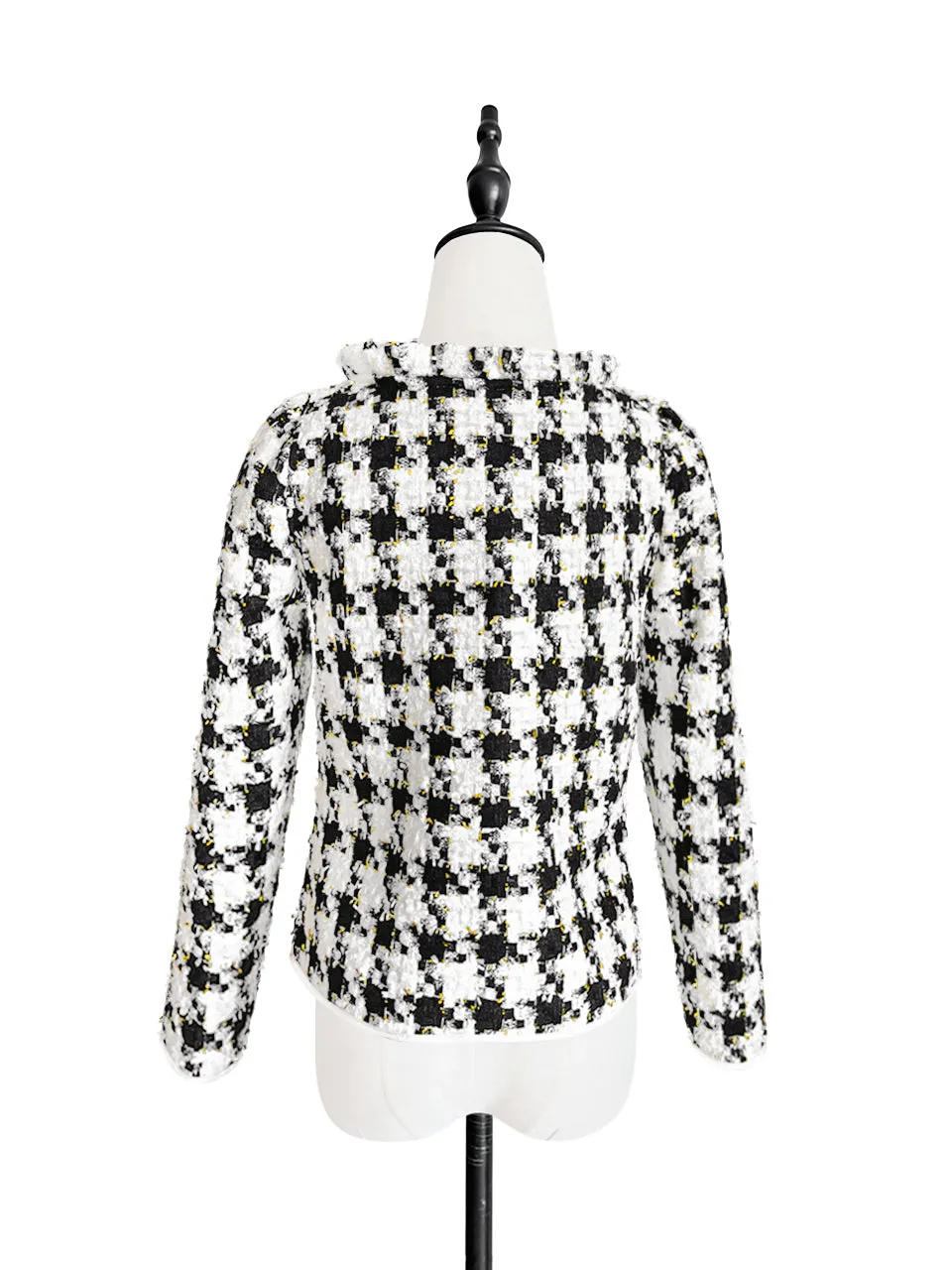 Last Chance! Houndstooth Ruffle Neckline Bouclè Tweed Woollen Jacket