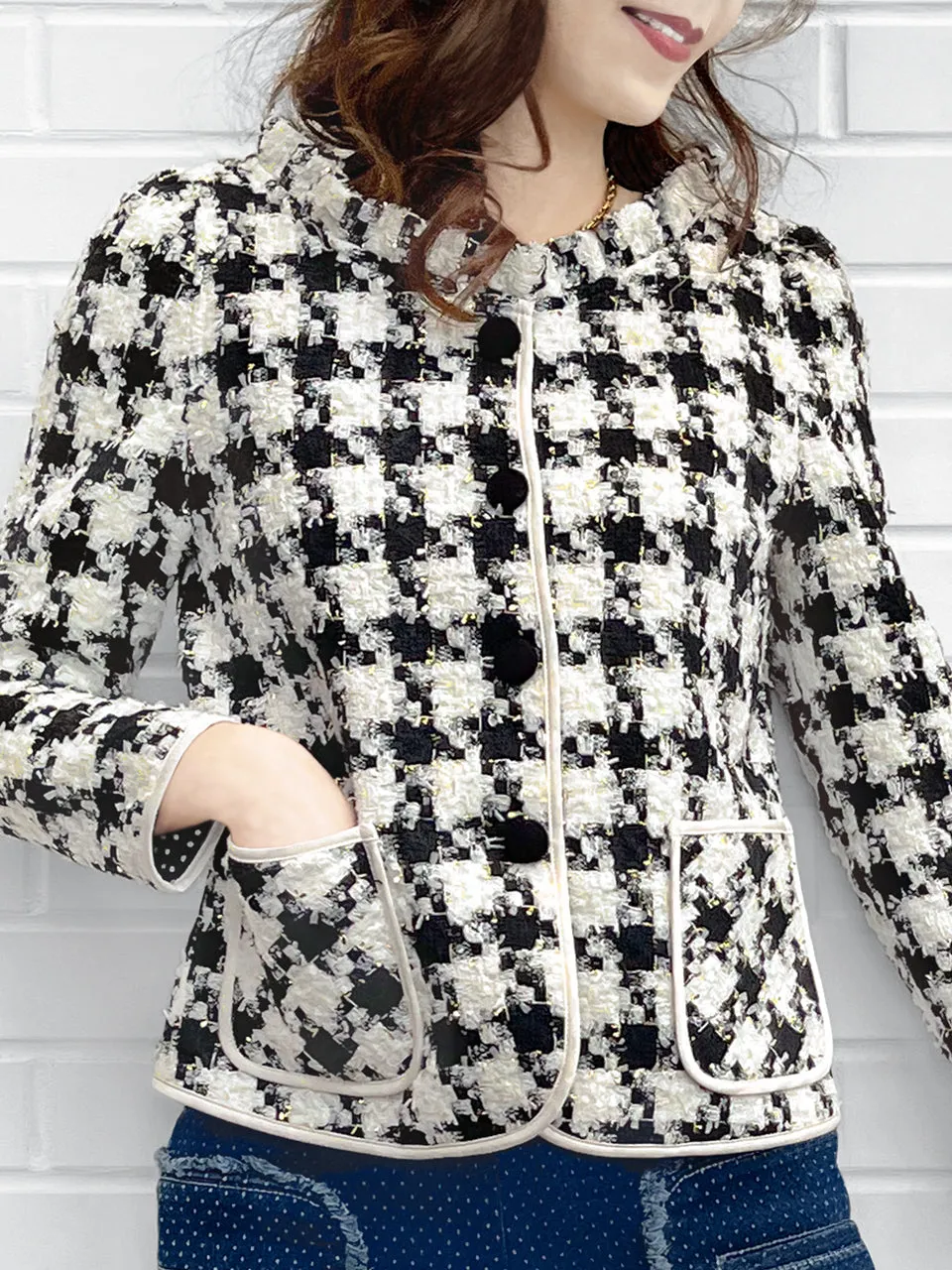 Last Chance! Houndstooth Ruffle Neckline Bouclè Tweed Woollen Jacket