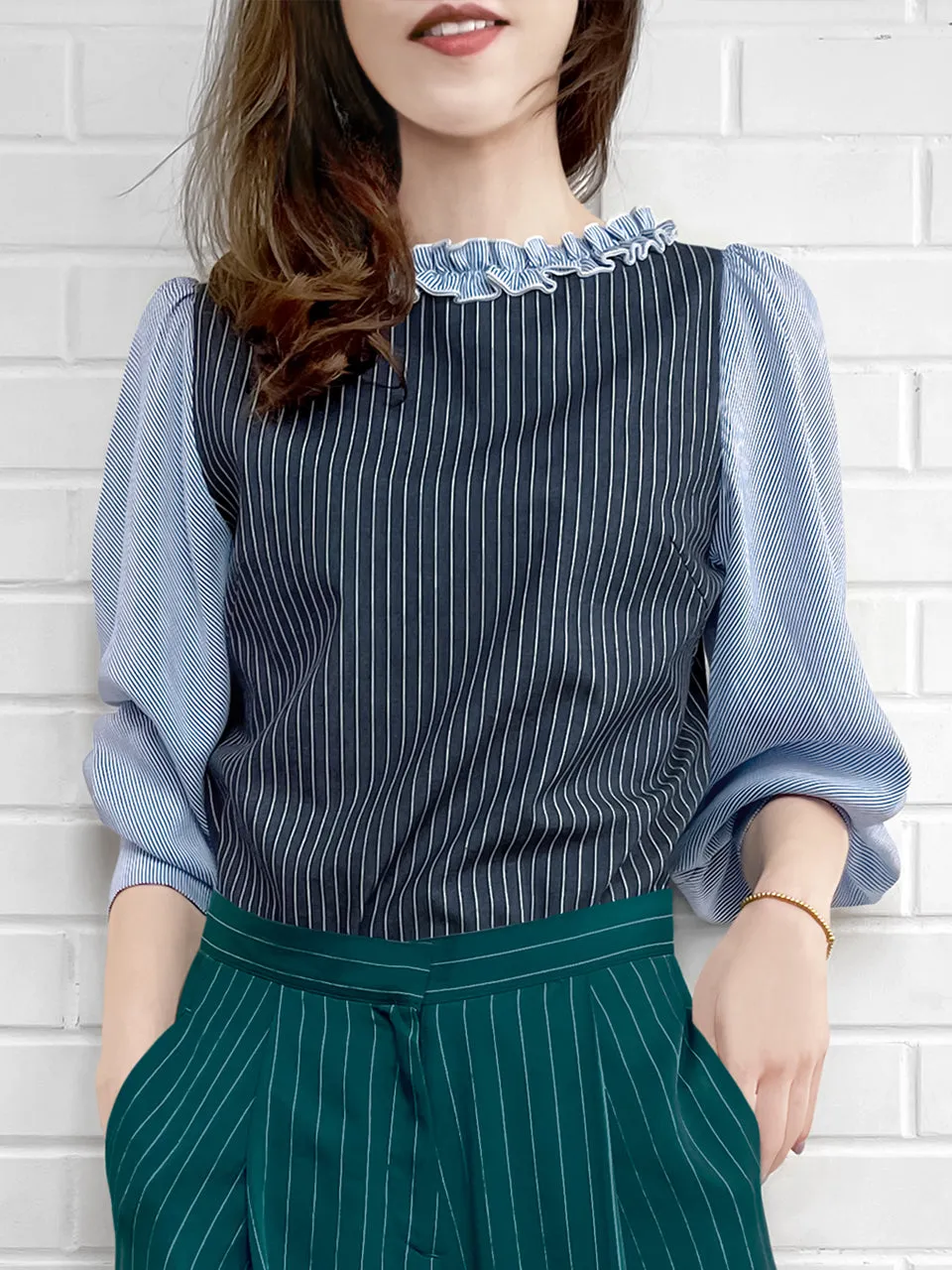 Last Chance! Mixed Stripe Ruffle Collar Summer Blouse