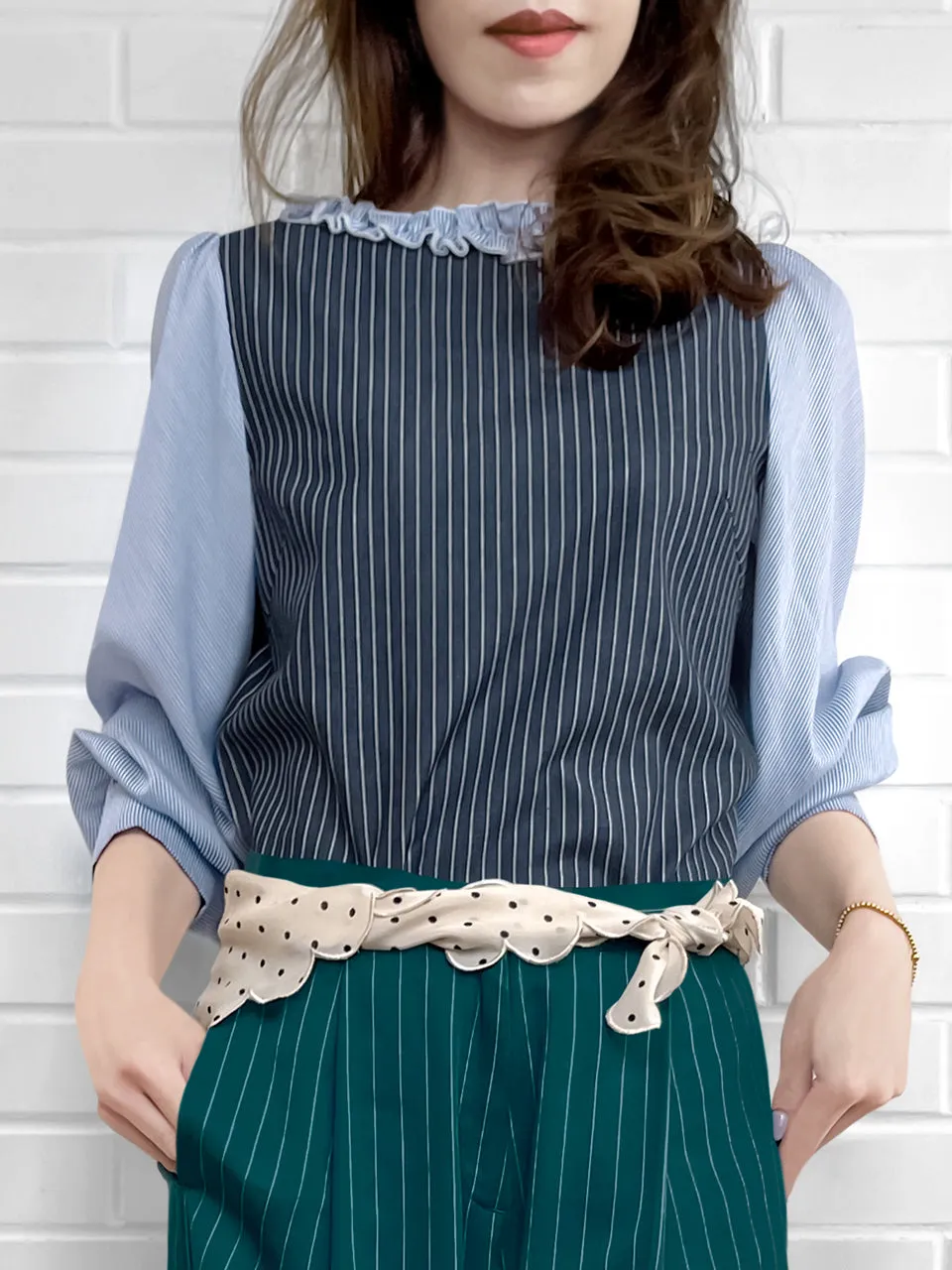 Last Chance! Mixed Stripe Ruffle Collar Summer Blouse