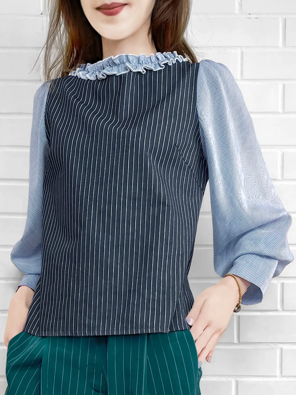 Last Chance! Mixed Stripe Ruffle Collar Summer Blouse