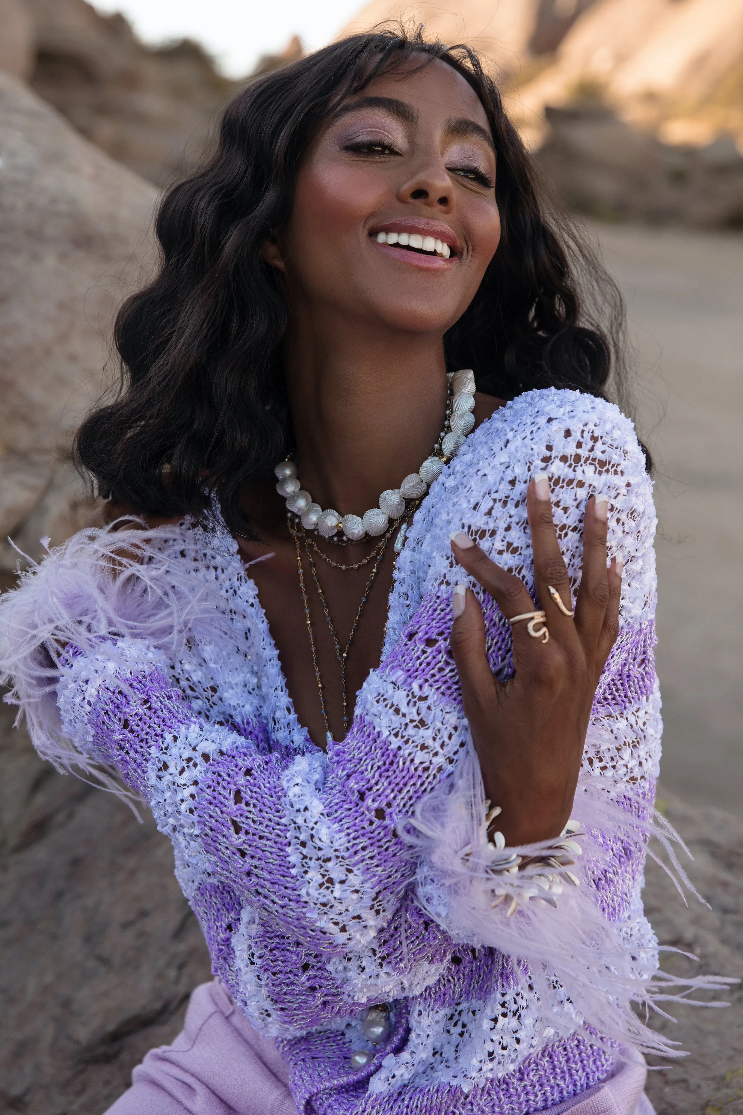 Lavender Handmade Knit Sweater With Detachable Feather Details On The Cuffs and Pearl Buttons