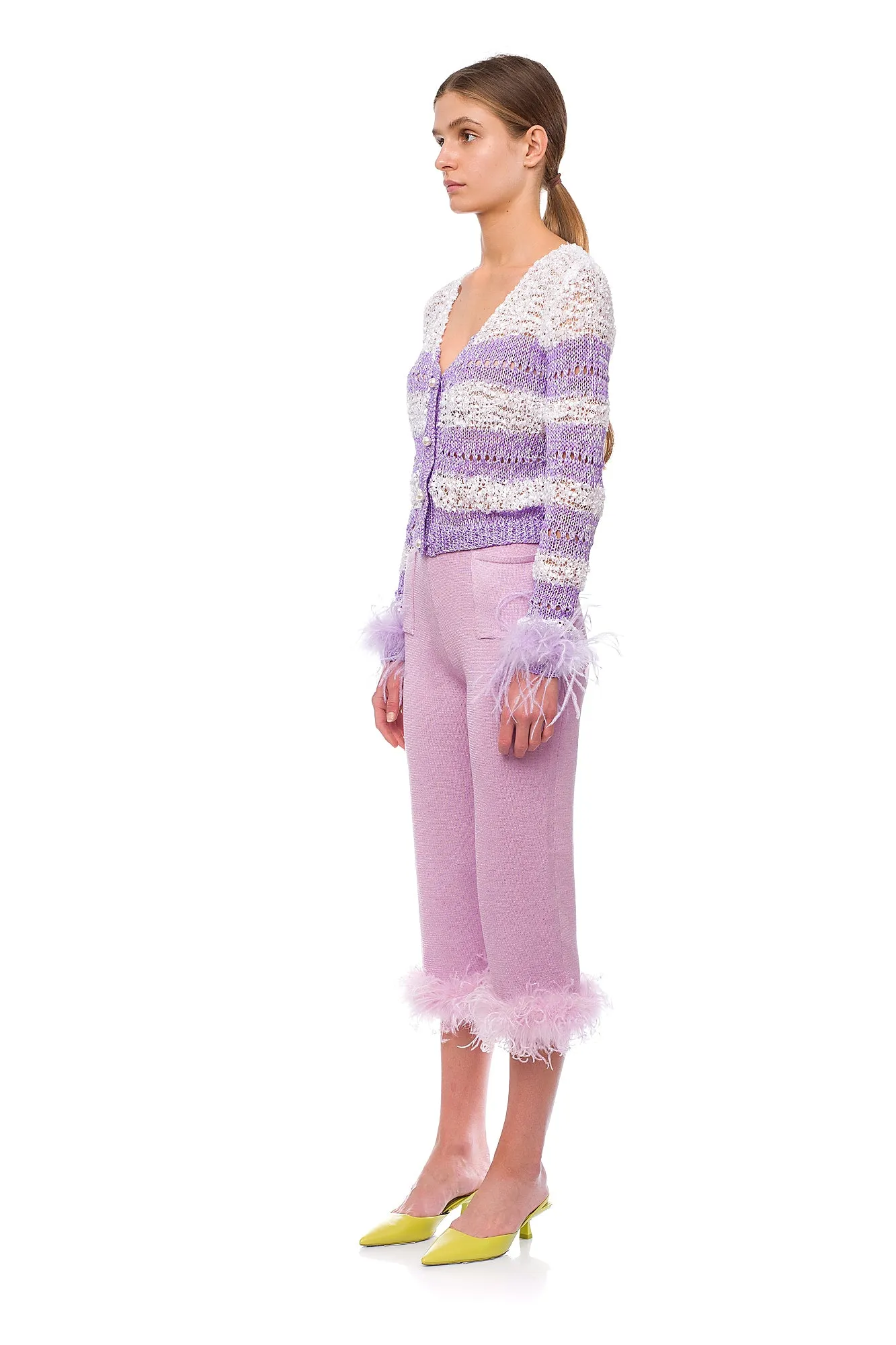 Lavender Handmade Knit Sweater With Detachable Feather Details On The Cuffs and Pearl Buttons