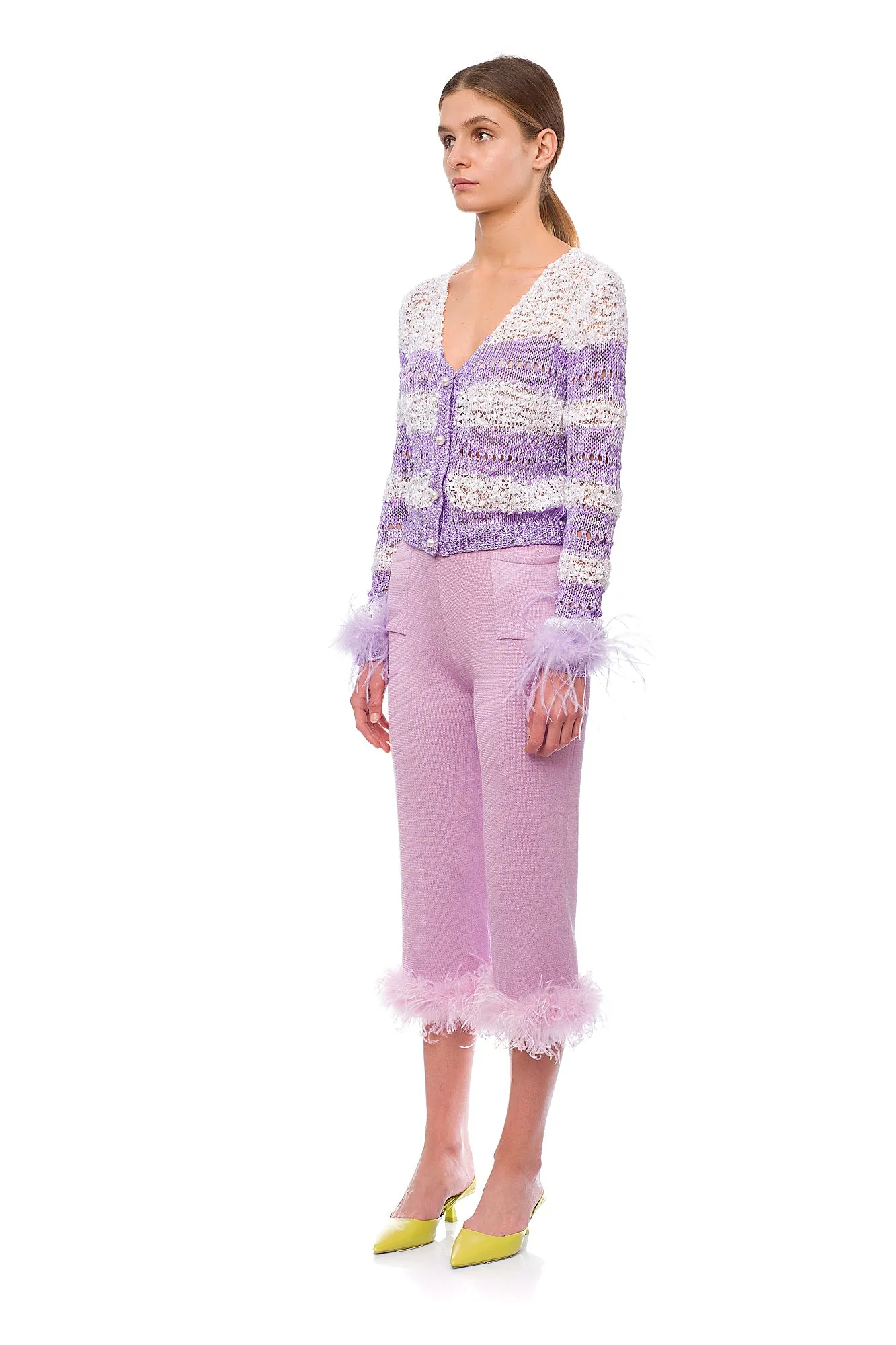 Lavender Handmade Knit Sweater With Detachable Feather Details On The Cuffs and Pearl Buttons