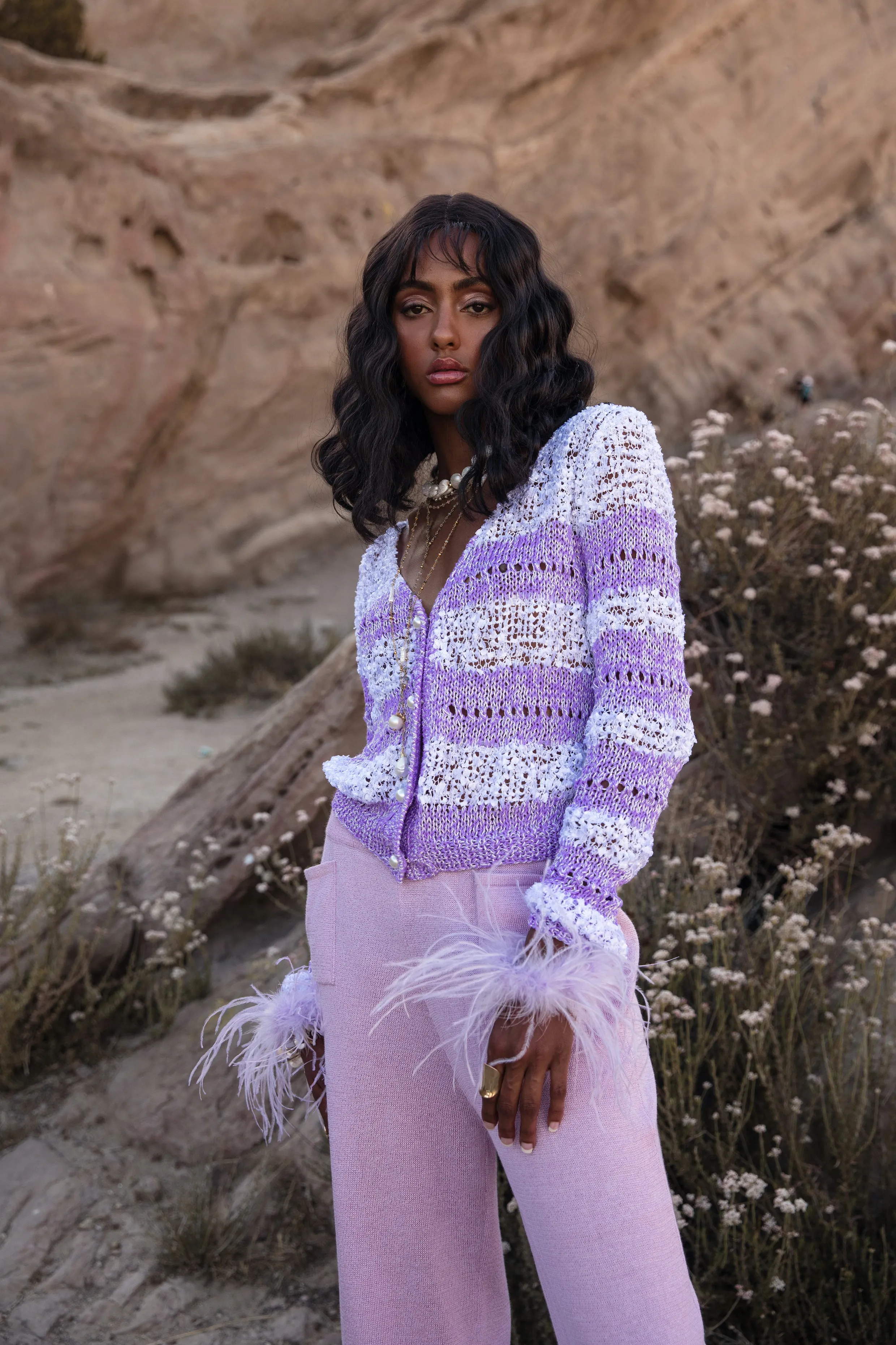 Lavender Handmade Knit Sweater With Detachable Feather Details On The Cuffs and Pearl Buttons