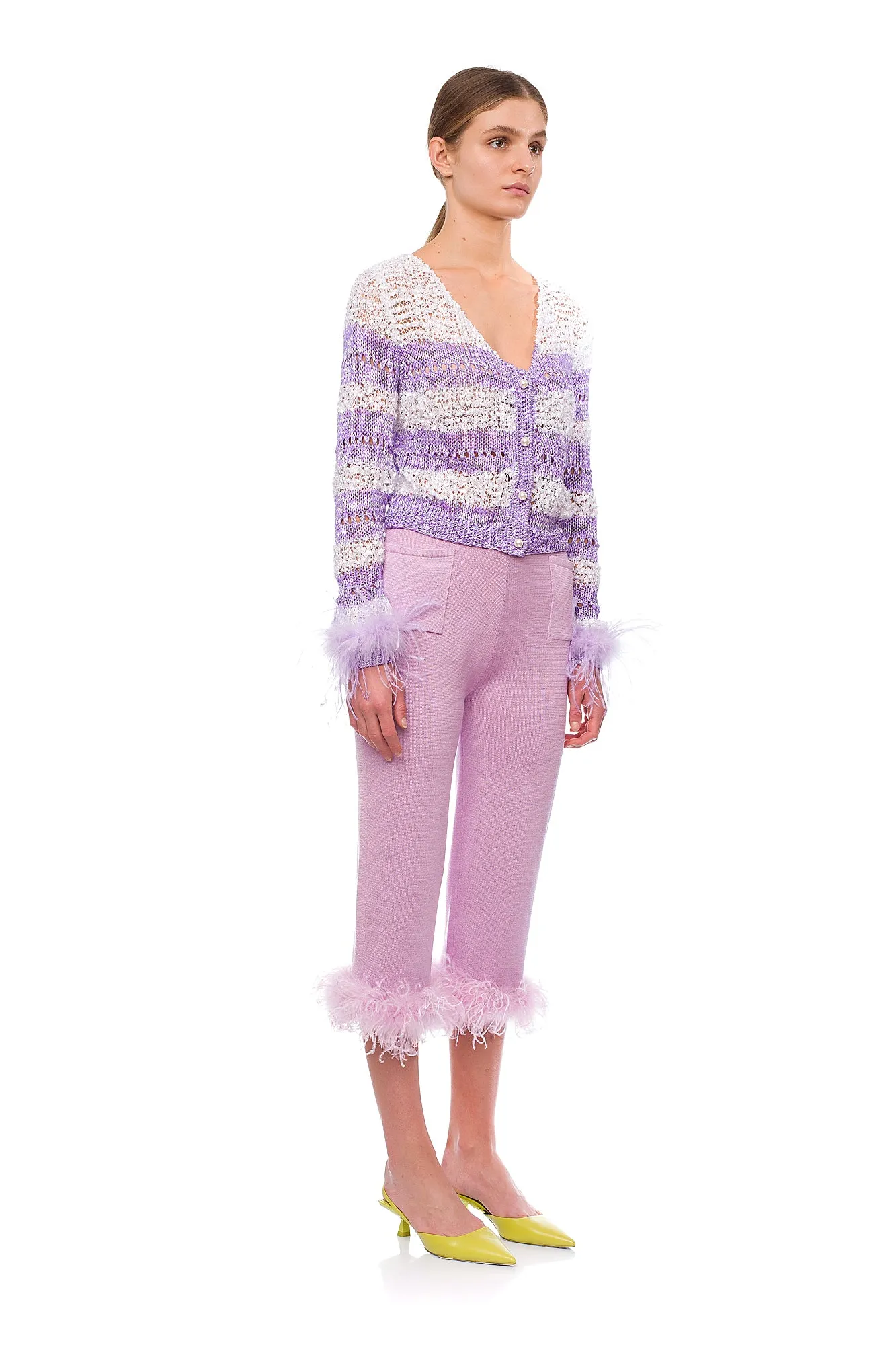 Lavender Handmade Knit Sweater With Detachable Feather Details On The Cuffs and Pearl Buttons