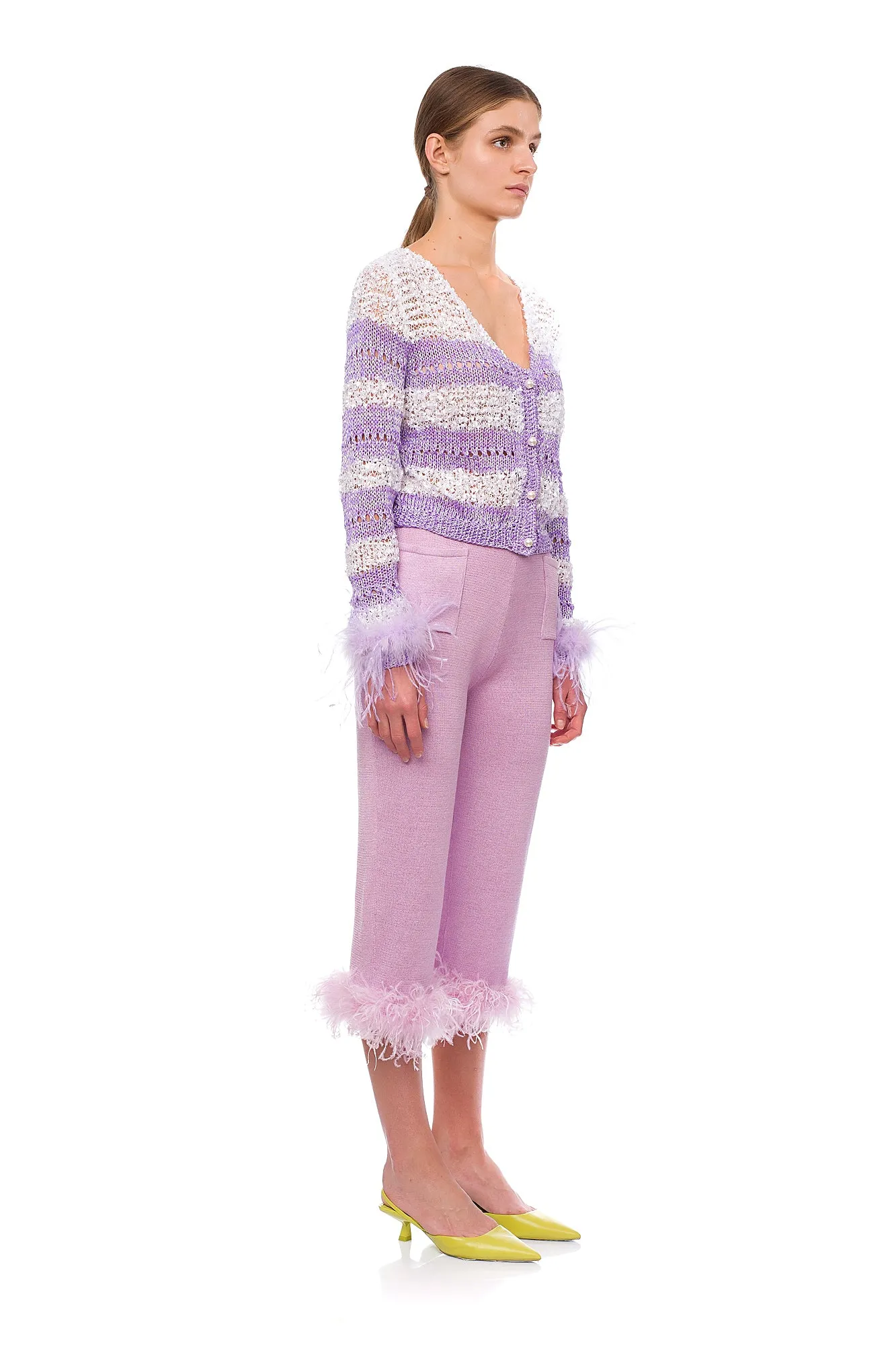 Lavender Handmade Knit Sweater With Detachable Feather Details On The Cuffs and Pearl Buttons