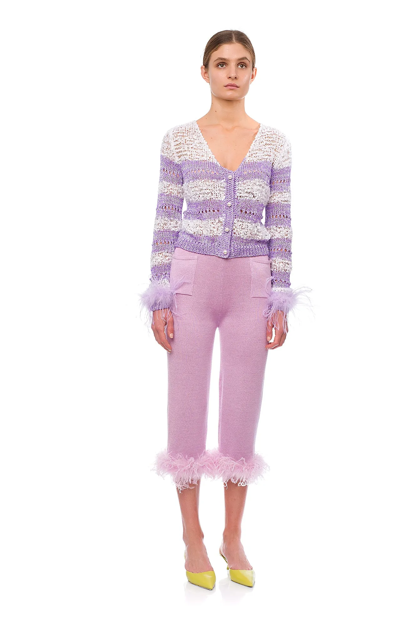 Lavender Handmade Knit Sweater With Detachable Feather Details On The Cuffs and Pearl Buttons