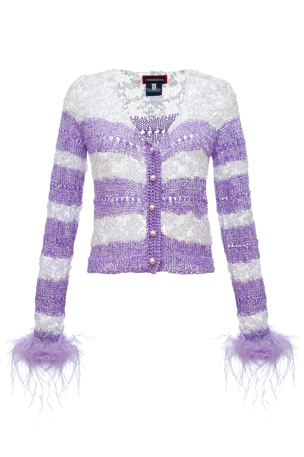 Lavender Handmade Knit Sweater With Detachable Feather Details On The Cuffs and Pearl Buttons