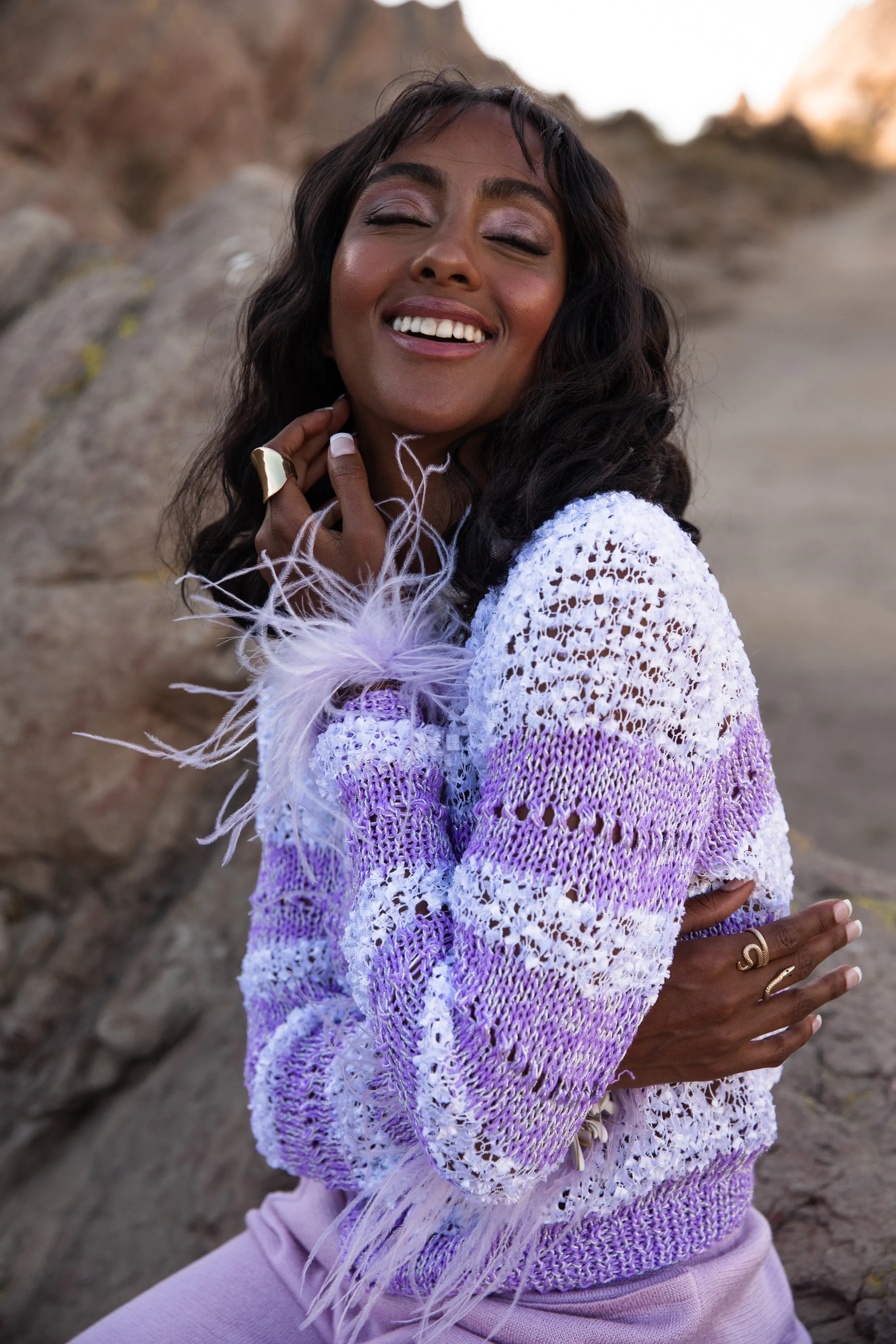 Lavender Handmade Knit Sweater With Detachable Feather Details On The Cuffs and Pearl Buttons