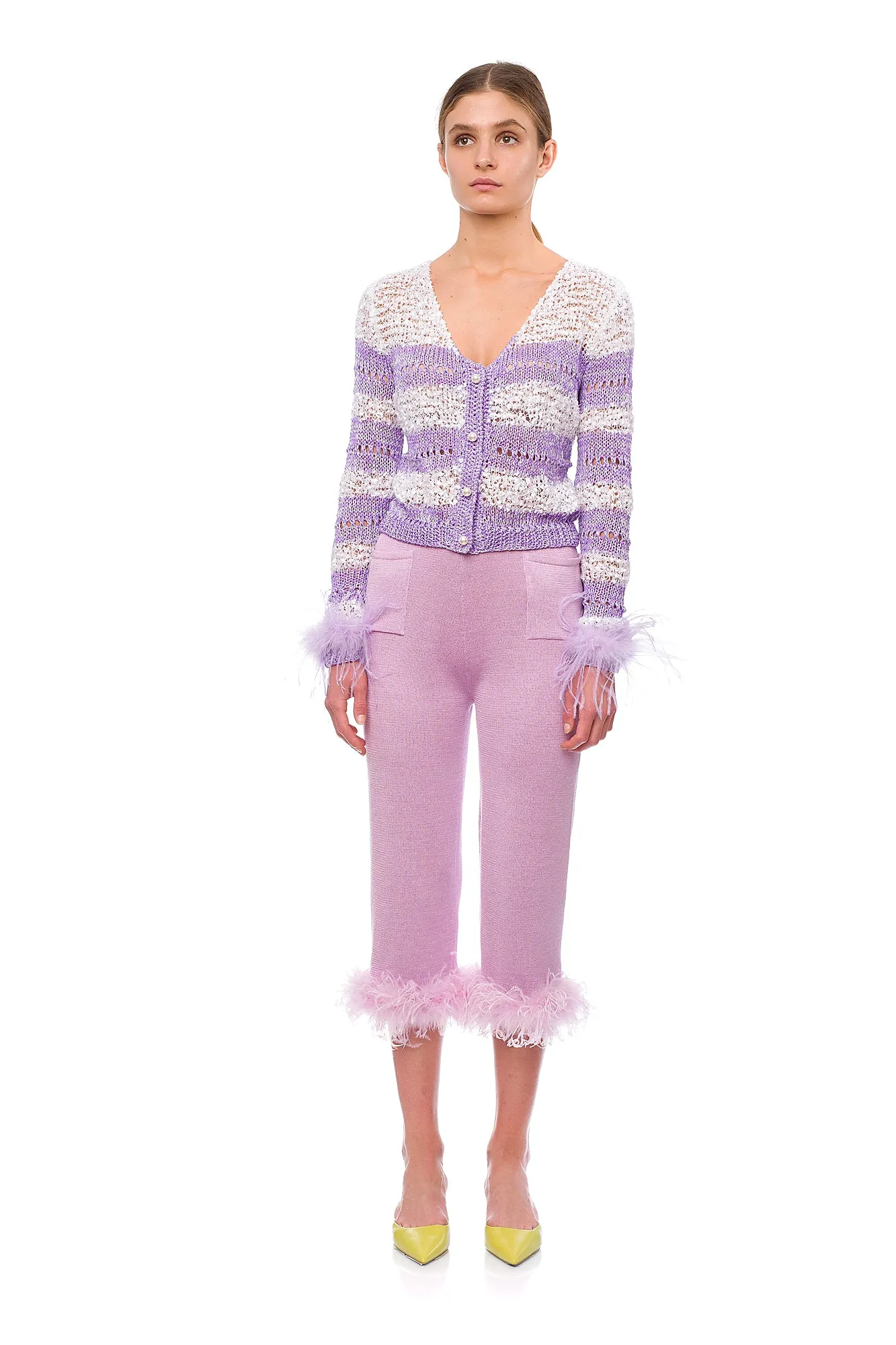 Lavender Handmade Knit Sweater With Detachable Feather Details On The Cuffs and Pearl Buttons