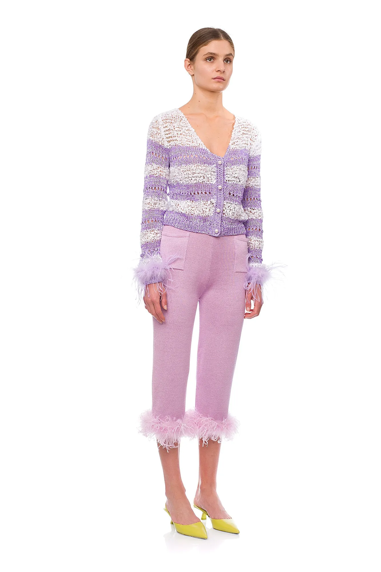 Lavender Handmade Knit Sweater With Detachable Feather Details On The Cuffs and Pearl Buttons