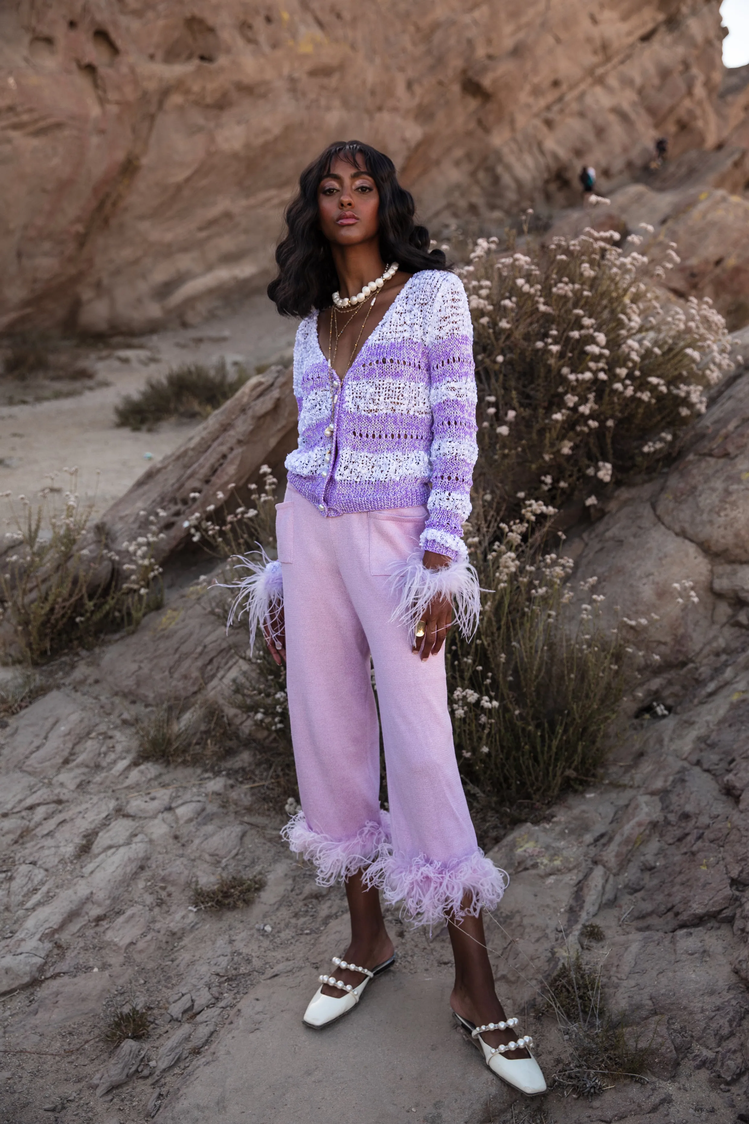 Lavender Handmade Knit Sweater With Detachable Feather Details On The Cuffs and Pearl Buttons