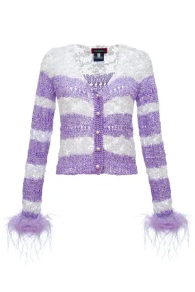 Lavender Handmade Knit Sweater With Detachable Feather Details On The Cuffs and Pearl Buttons