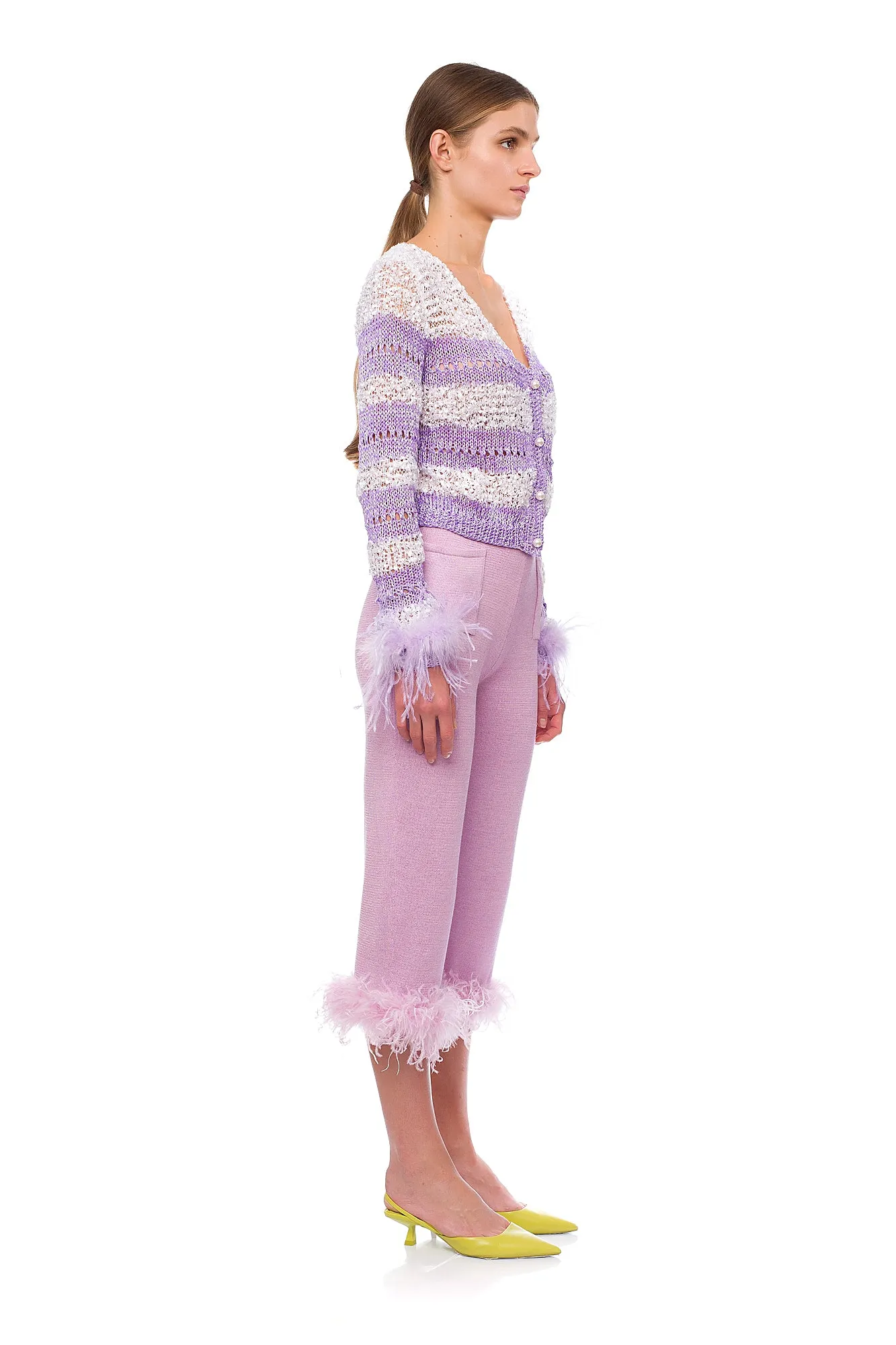 Lavender Handmade Knit Sweater With Detachable Feather Details On The Cuffs and Pearl Buttons